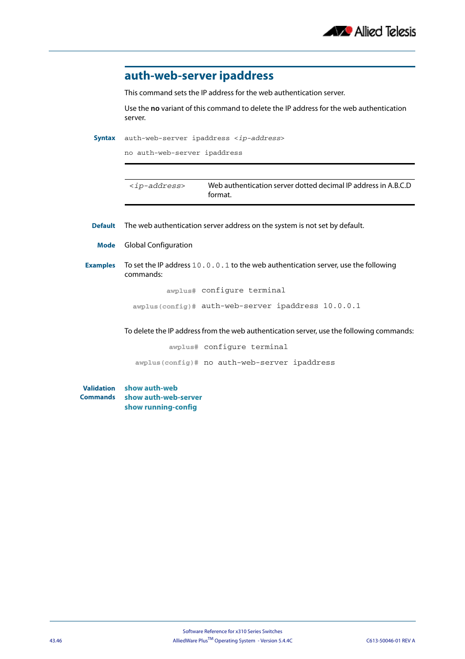 Auth-web-server ipaddress | Allied Telesis AlliedWare Plus Operating System Version 5.4.4C (x310-26FT,x310-26FP,x310-50FT,x310-50FP) User Manual | Page 1172 / 2220