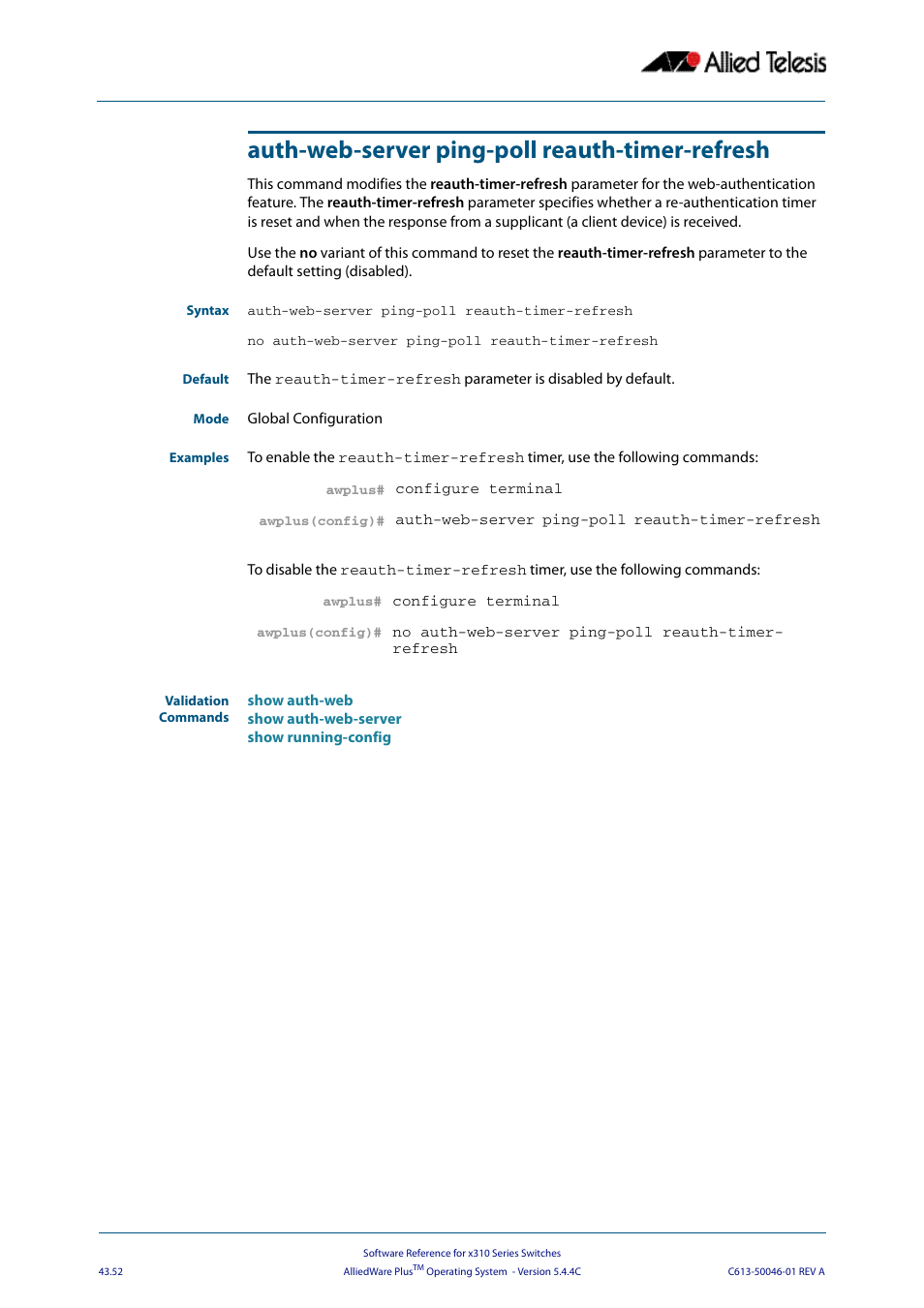 Auth-web-server ping-poll reauth-timer-refresh | Allied Telesis AlliedWare Plus Operating System Version 5.4.4C (x310-26FT,x310-26FP,x310-50FT,x310-50FP) User Manual | Page 1178 / 2220