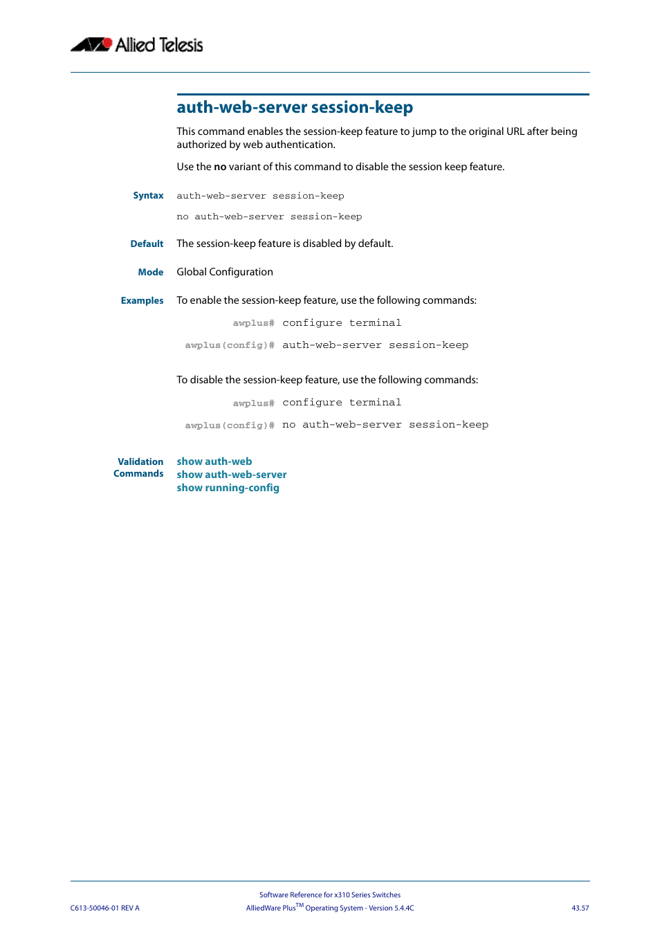 Auth-web-server session-keep, Auth, Web-server session-keep | Allied Telesis AlliedWare Plus Operating System Version 5.4.4C (x310-26FT,x310-26FP,x310-50FT,x310-50FP) User Manual | Page 1183 / 2220