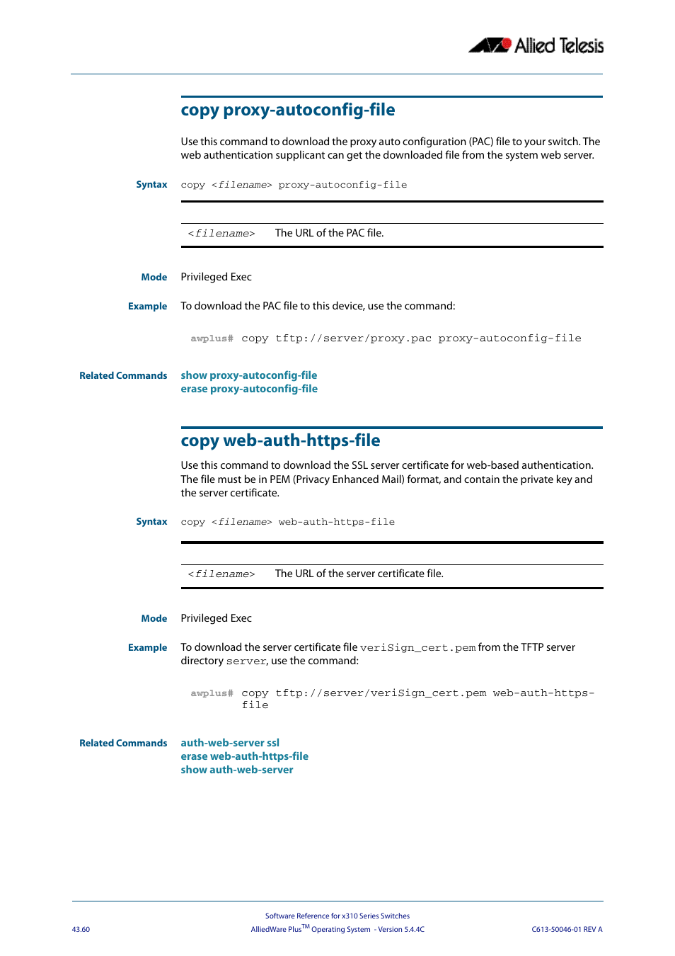 Copy proxy-autoconfig-file, Copy web-auth-https-file | Allied Telesis AlliedWare Plus Operating System Version 5.4.4C (x310-26FT,x310-26FP,x310-50FT,x310-50FP) User Manual | Page 1186 / 2220