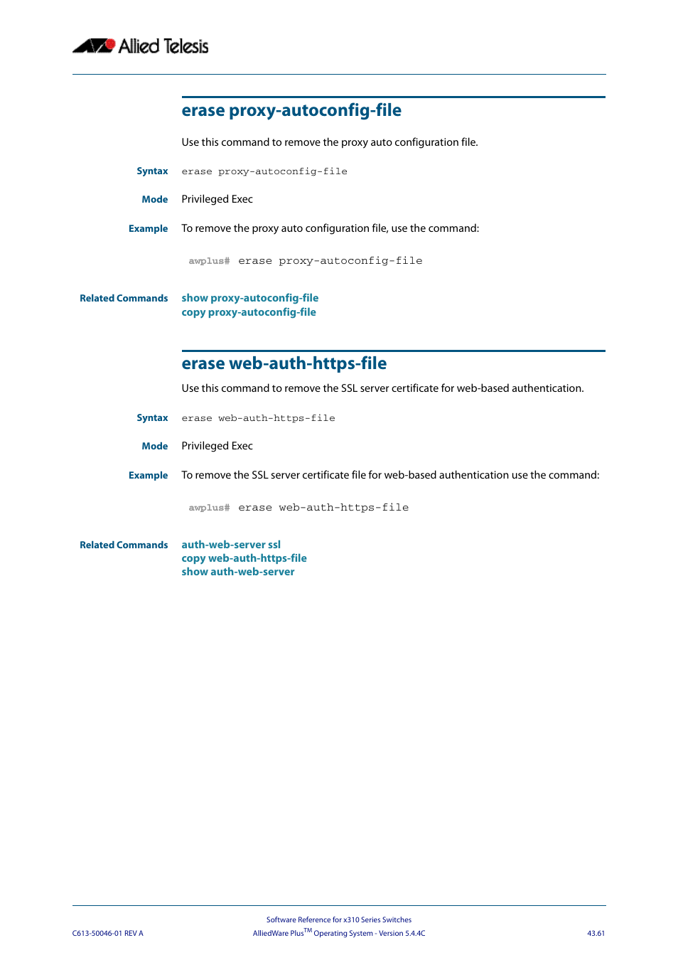 Erase proxy-autoconfig-file, Erase web-auth-https-file | Allied Telesis AlliedWare Plus Operating System Version 5.4.4C (x310-26FT,x310-26FP,x310-50FT,x310-50FP) User Manual | Page 1187 / 2220
