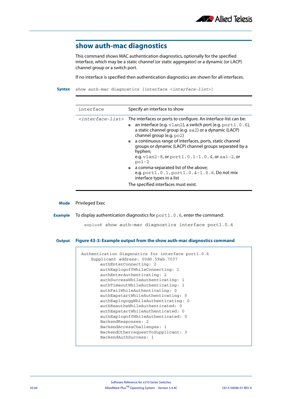 Show auth-mac diagnostics | Allied Telesis AlliedWare Plus Operating System Version 5.4.4C (x310-26FT,x310-26FP,x310-50FT,x310-50FP) User Manual | Page 1190 / 2220