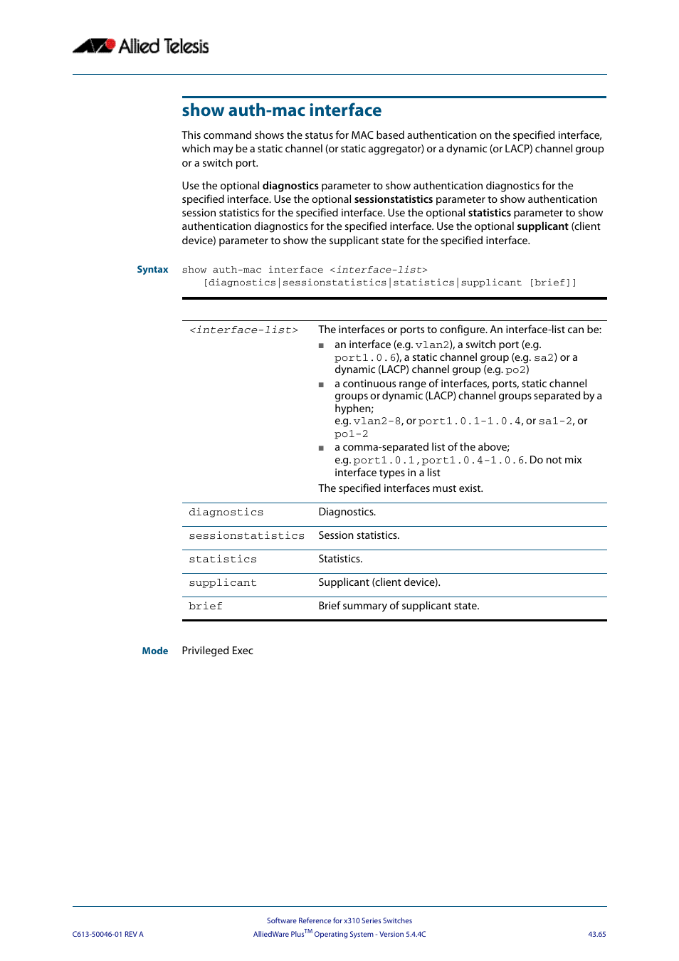 Show auth-mac interface | Allied Telesis AlliedWare Plus Operating System Version 5.4.4C (x310-26FT,x310-26FP,x310-50FT,x310-50FP) User Manual | Page 1191 / 2220