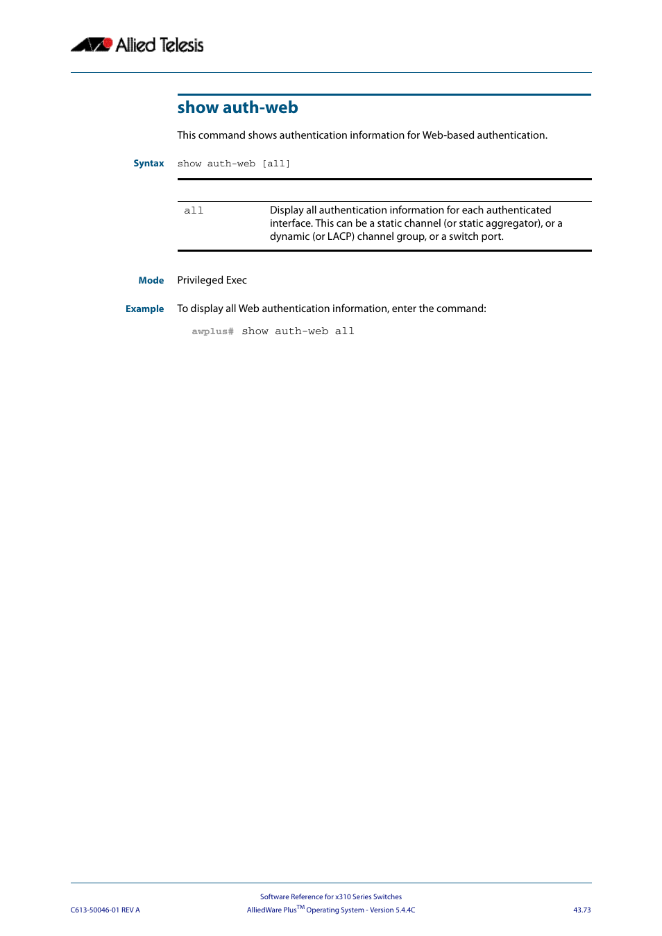 Show auth-web | Allied Telesis AlliedWare Plus Operating System Version 5.4.4C (x310-26FT,x310-26FP,x310-50FT,x310-50FP) User Manual | Page 1199 / 2220