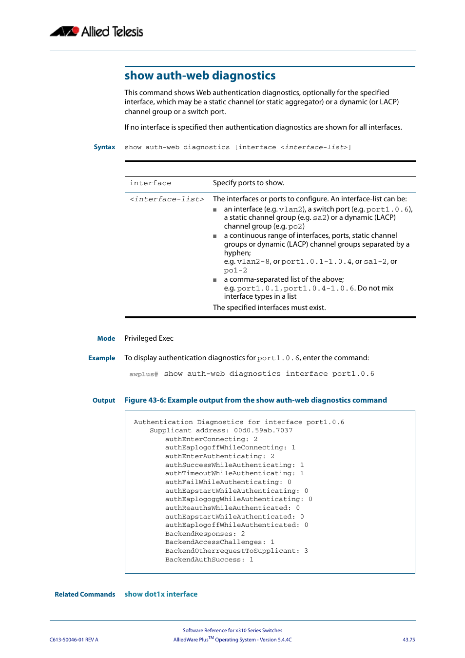 Show auth-web diagnostics | Allied Telesis AlliedWare Plus Operating System Version 5.4.4C (x310-26FT,x310-26FP,x310-50FT,x310-50FP) User Manual | Page 1201 / 2220