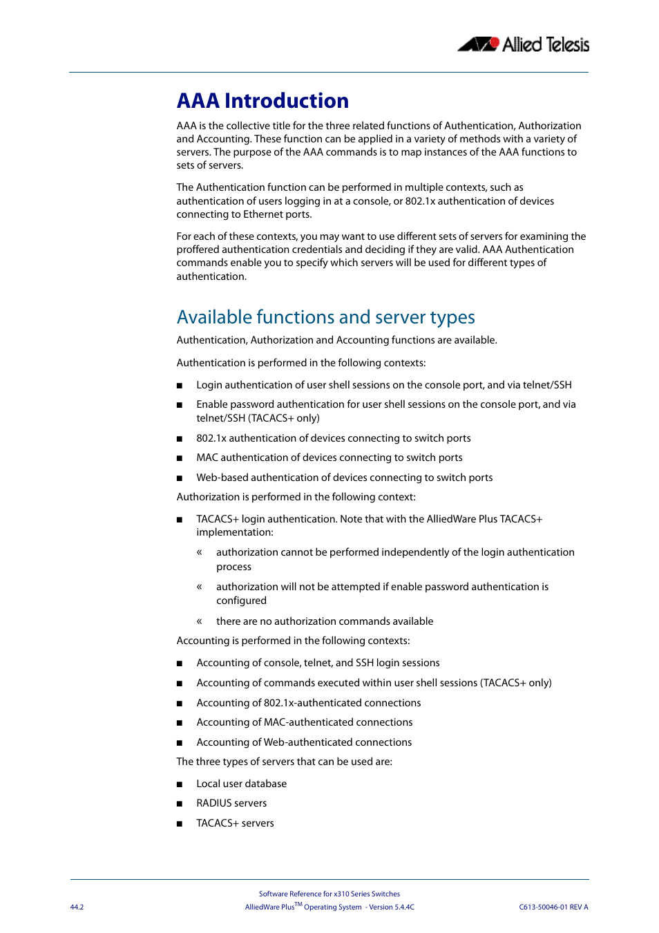 Aaa introduction, Available functions and server types | Allied Telesis AlliedWare Plus Operating System Version 5.4.4C (x310-26FT,x310-26FP,x310-50FT,x310-50FP) User Manual | Page 1212 / 2220