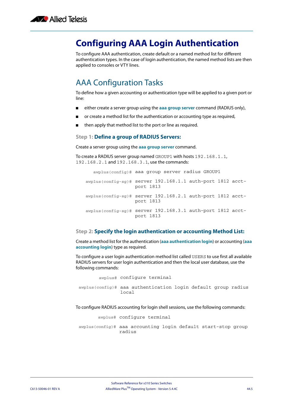 Configuring aaa login authentication, Aaa configuration tasks, Step 1: define a group of radius servers | Allied Telesis AlliedWare Plus Operating System Version 5.4.4C (x310-26FT,x310-26FP,x310-50FT,x310-50FP) User Manual | Page 1215 / 2220