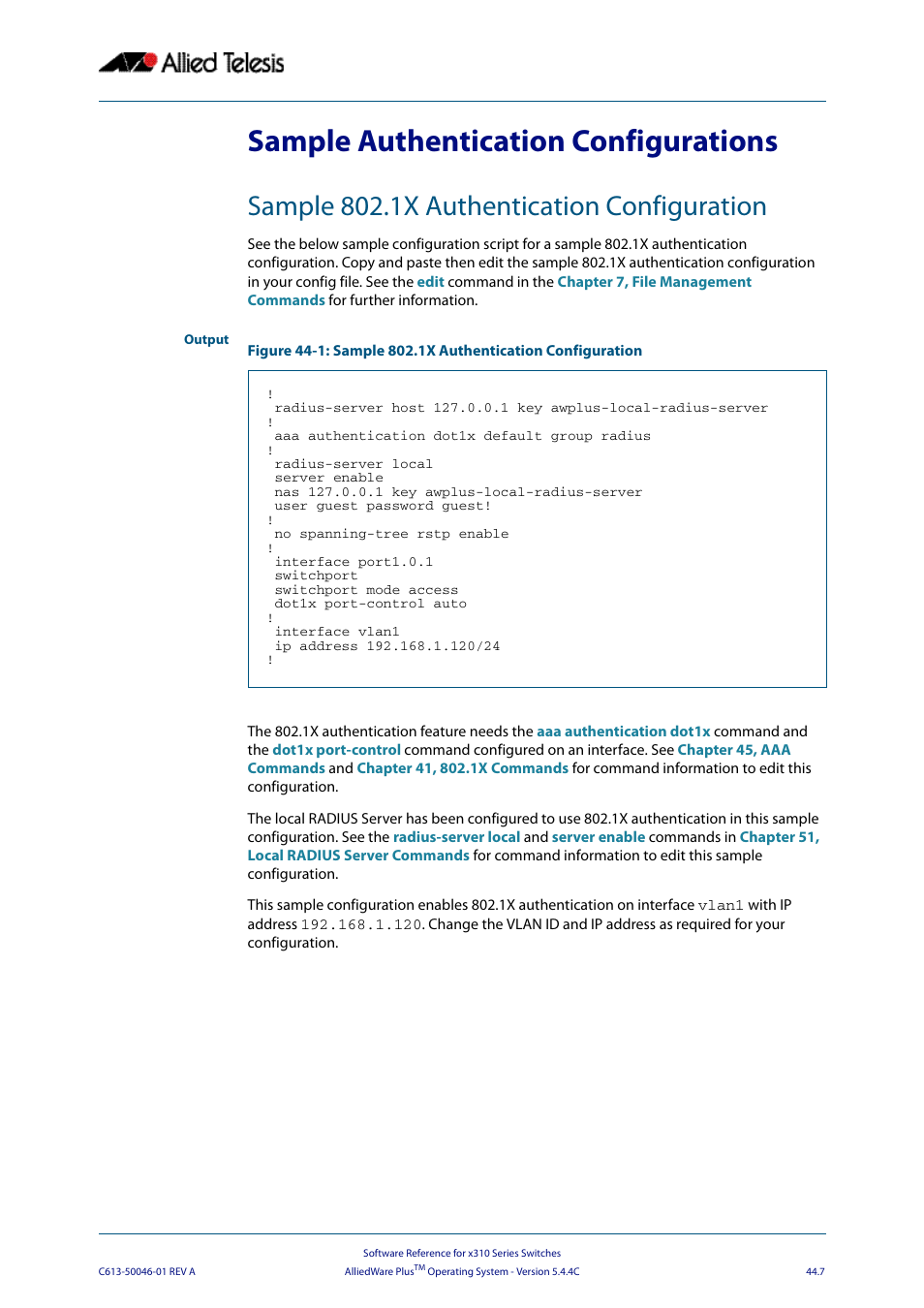 Sample authentication configurations, Sample 802.1x authentication configuration | Allied Telesis AlliedWare Plus Operating System Version 5.4.4C (x310-26FT,x310-26FP,x310-50FT,x310-50FP) User Manual | Page 1217 / 2220