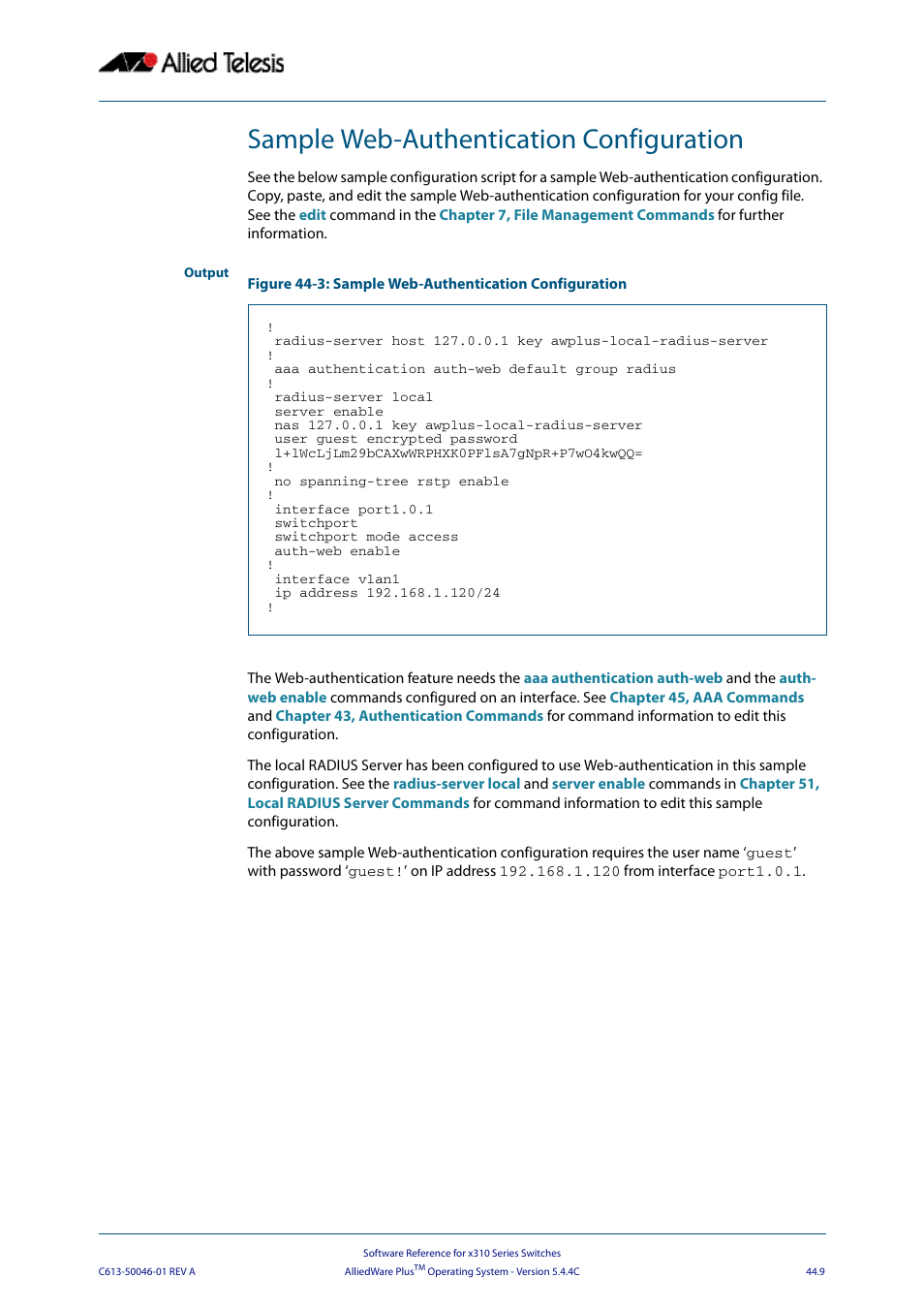 Sample web-authentication configuration | Allied Telesis AlliedWare Plus Operating System Version 5.4.4C (x310-26FT,x310-26FP,x310-50FT,x310-50FP) User Manual | Page 1219 / 2220