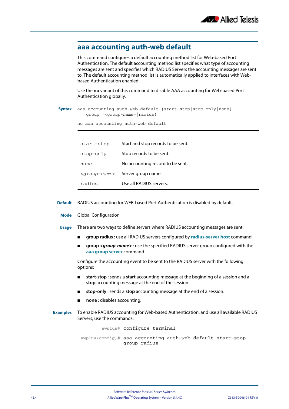 Aaa accounting auth-web default | Allied Telesis AlliedWare Plus Operating System Version 5.4.4C (x310-26FT,x310-26FP,x310-50FT,x310-50FP) User Manual | Page 1226 / 2220