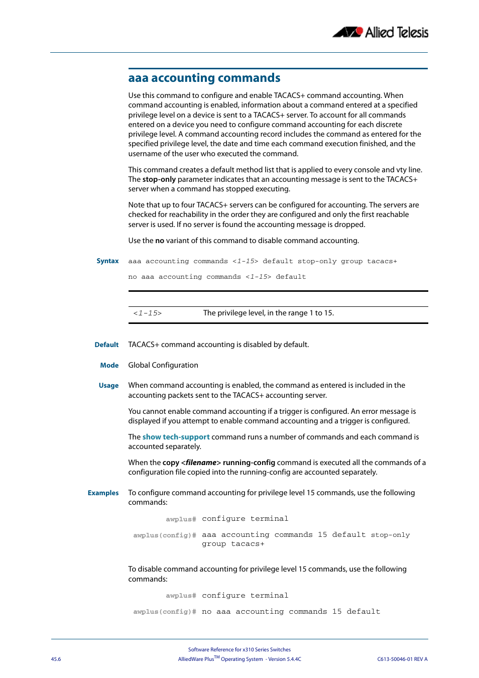 Aaa accounting commands | Allied Telesis AlliedWare Plus Operating System Version 5.4.4C (x310-26FT,x310-26FP,x310-50FT,x310-50FP) User Manual | Page 1228 / 2220