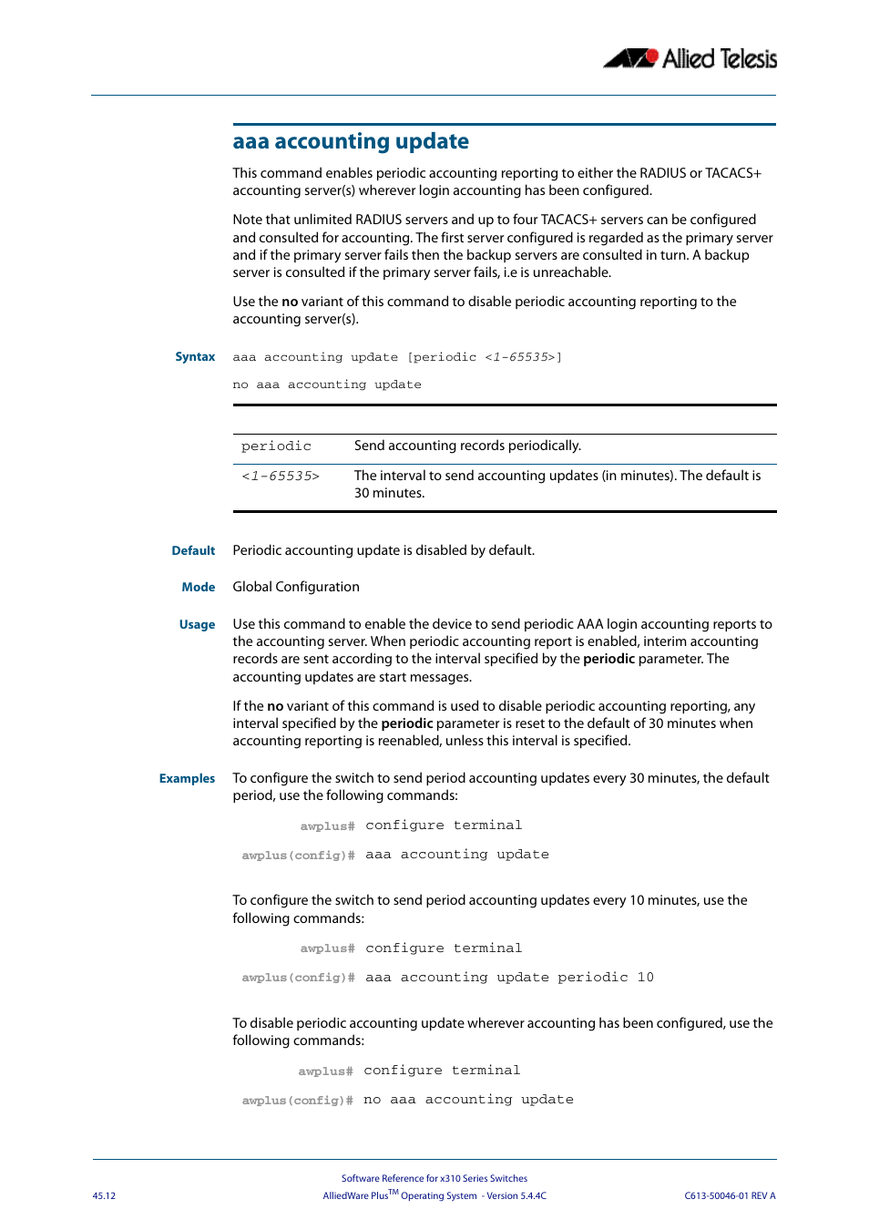 Aaa accounting update | Allied Telesis AlliedWare Plus Operating System Version 5.4.4C (x310-26FT,x310-26FP,x310-50FT,x310-50FP) User Manual | Page 1234 / 2220
