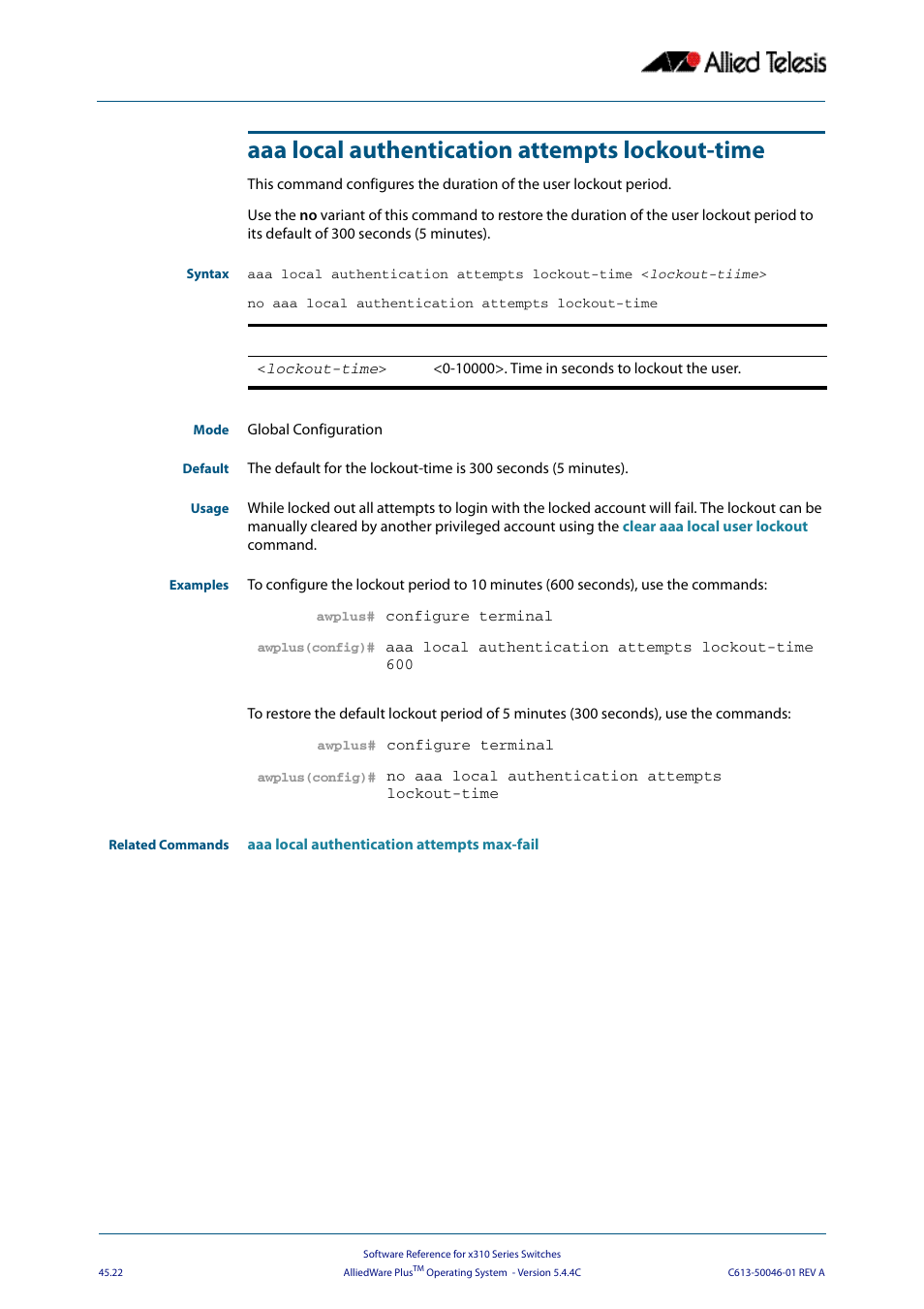 Aaa local authentication attempts lockout-time | Allied Telesis AlliedWare Plus Operating System Version 5.4.4C (x310-26FT,x310-26FP,x310-50FT,x310-50FP) User Manual | Page 1244 / 2220