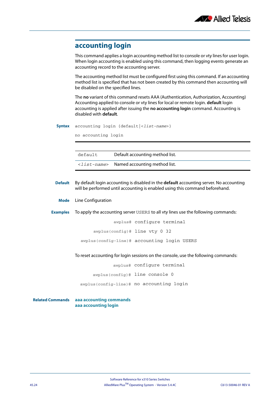 Accounting login, Parameter in the, Comma | Allied Telesis AlliedWare Plus Operating System Version 5.4.4C (x310-26FT,x310-26FP,x310-50FT,x310-50FP) User Manual | Page 1246 / 2220