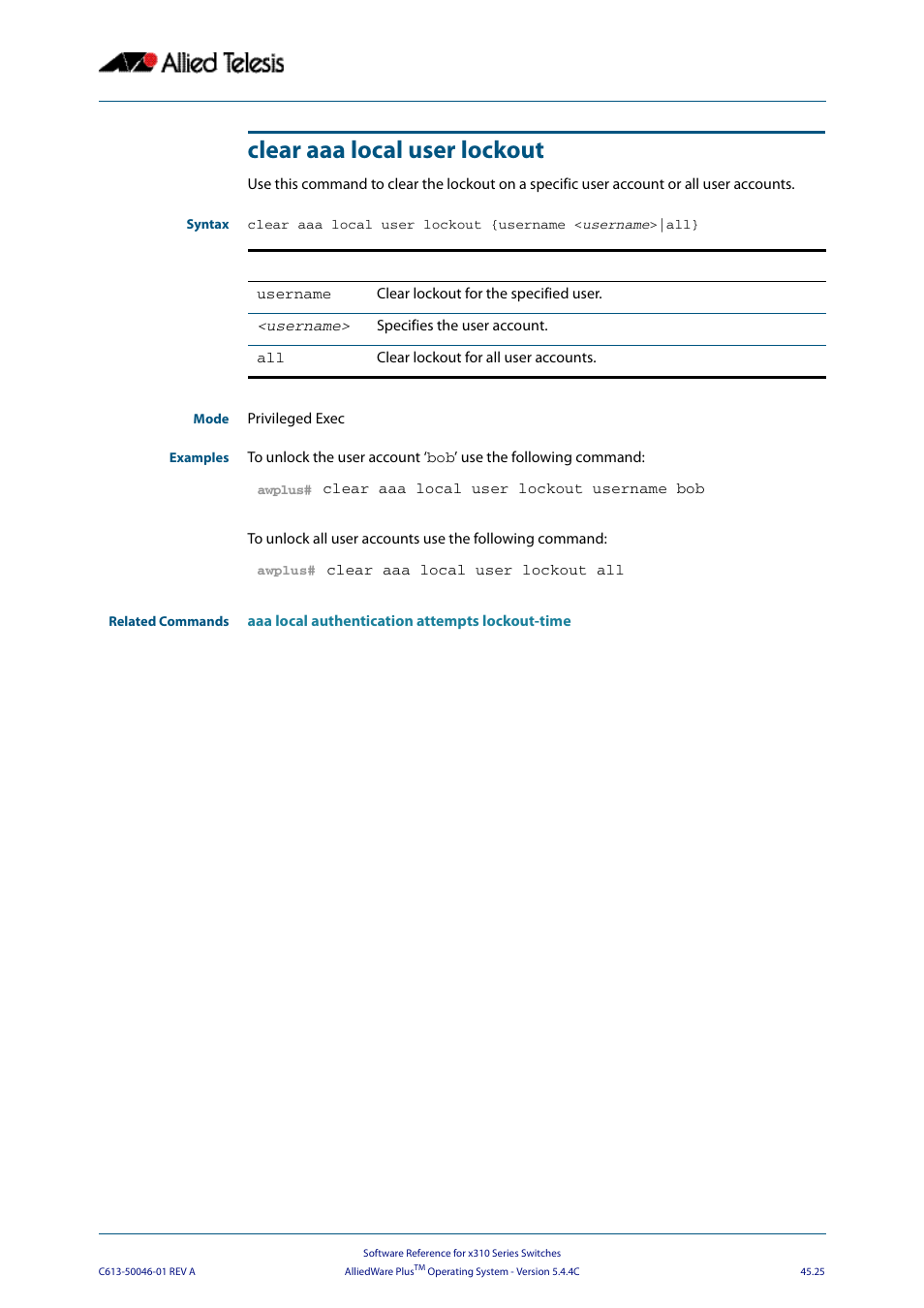 Clear aaa local user lockout | Allied Telesis AlliedWare Plus Operating System Version 5.4.4C (x310-26FT,x310-26FP,x310-50FT,x310-50FP) User Manual | Page 1247 / 2220