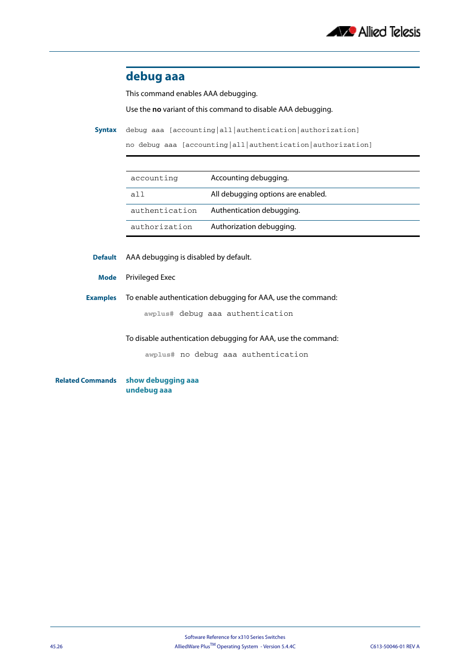 Debug aaa | Allied Telesis AlliedWare Plus Operating System Version 5.4.4C (x310-26FT,x310-26FP,x310-50FT,x310-50FP) User Manual | Page 1248 / 2220