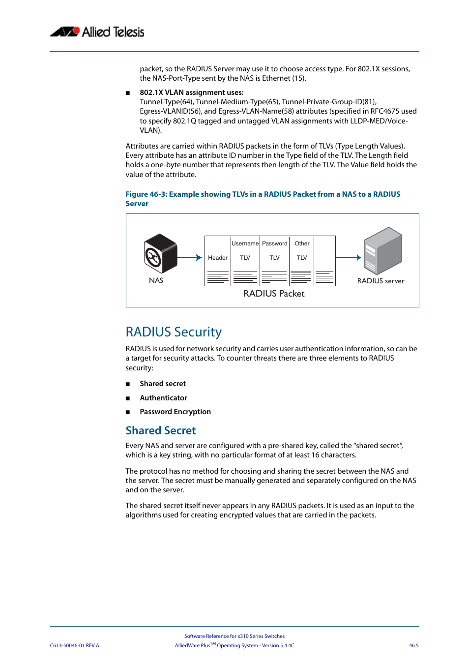 Radius security, Shared secret, Radius packet | Allied Telesis AlliedWare Plus Operating System Version 5.4.4C (x310-26FT,x310-26FP,x310-50FT,x310-50FP) User Manual | Page 1255 / 2220