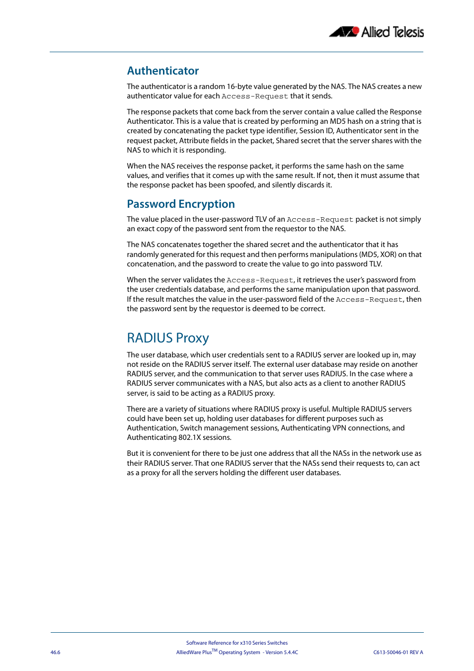 Authenticator, Password encryption, Radius proxy | Allied Telesis AlliedWare Plus Operating System Version 5.4.4C (x310-26FT,x310-26FP,x310-50FT,x310-50FP) User Manual | Page 1256 / 2220