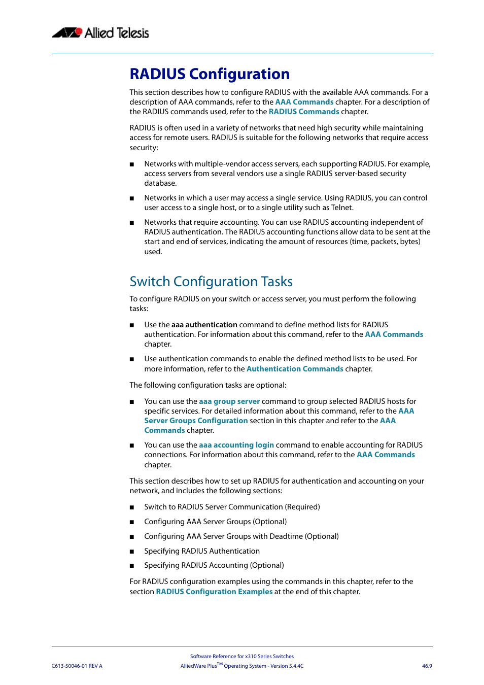 Radius configuration, Switch configuration tasks | Allied Telesis AlliedWare Plus Operating System Version 5.4.4C (x310-26FT,x310-26FP,x310-50FT,x310-50FP) User Manual | Page 1259 / 2220