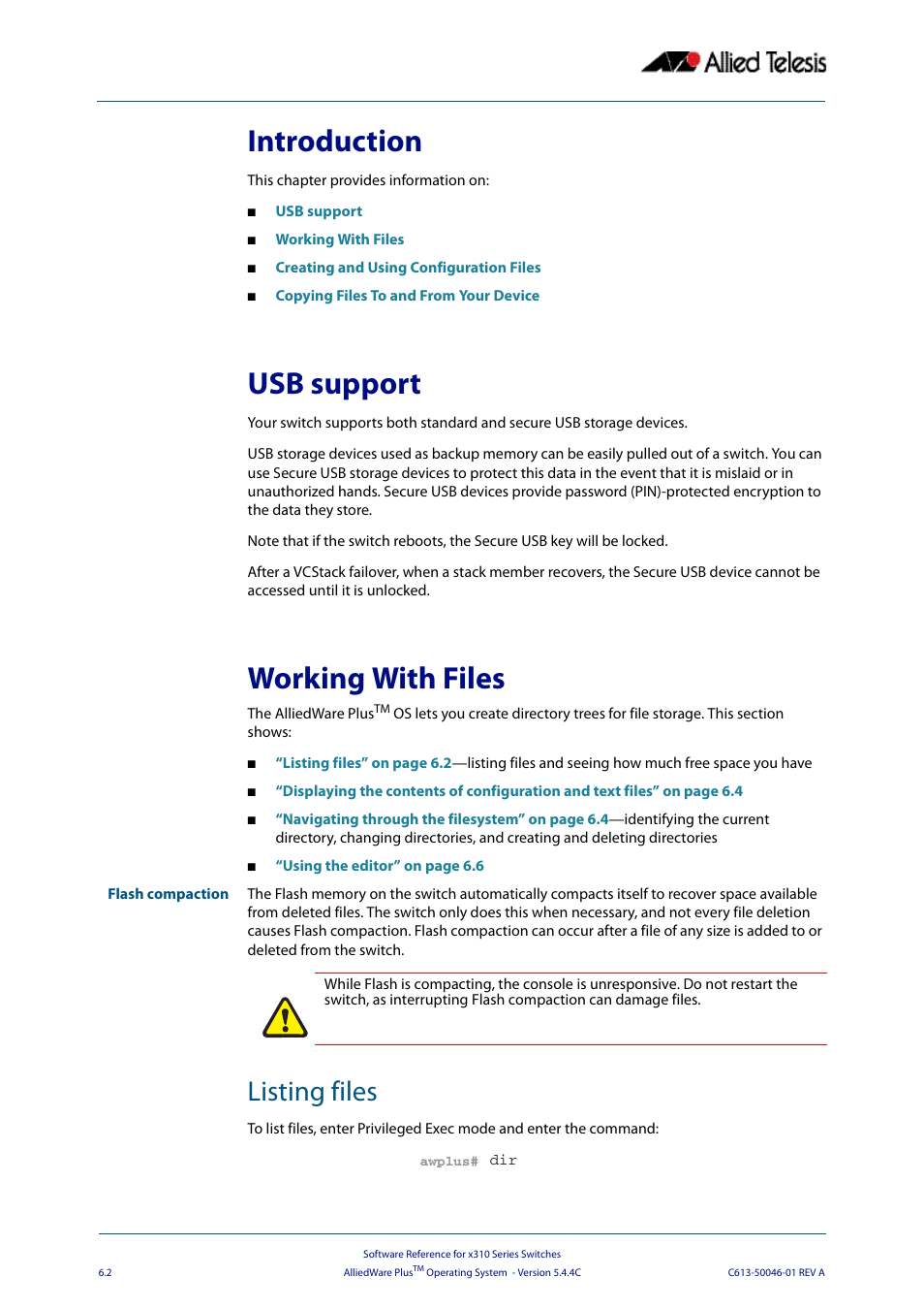 Introduction, Usb support, Working with files | Listing files, Introduction usb support working with files | Allied Telesis AlliedWare Plus Operating System Version 5.4.4C (x310-26FT,x310-26FP,x310-50FT,x310-50FP) User Manual | Page 126 / 2220