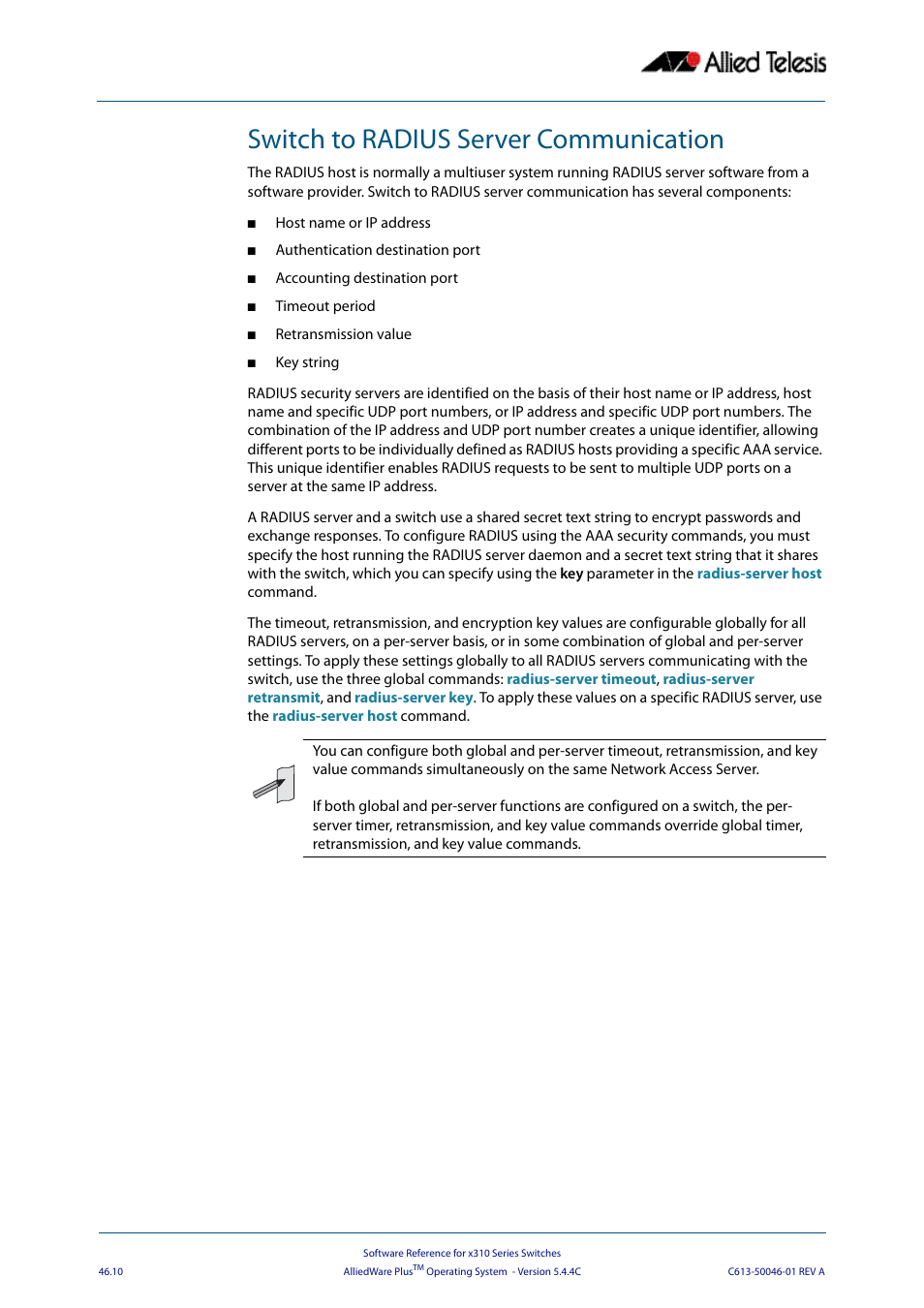 Switch to radius server communication | Allied Telesis AlliedWare Plus Operating System Version 5.4.4C (x310-26FT,x310-26FP,x310-50FT,x310-50FP) User Manual | Page 1260 / 2220