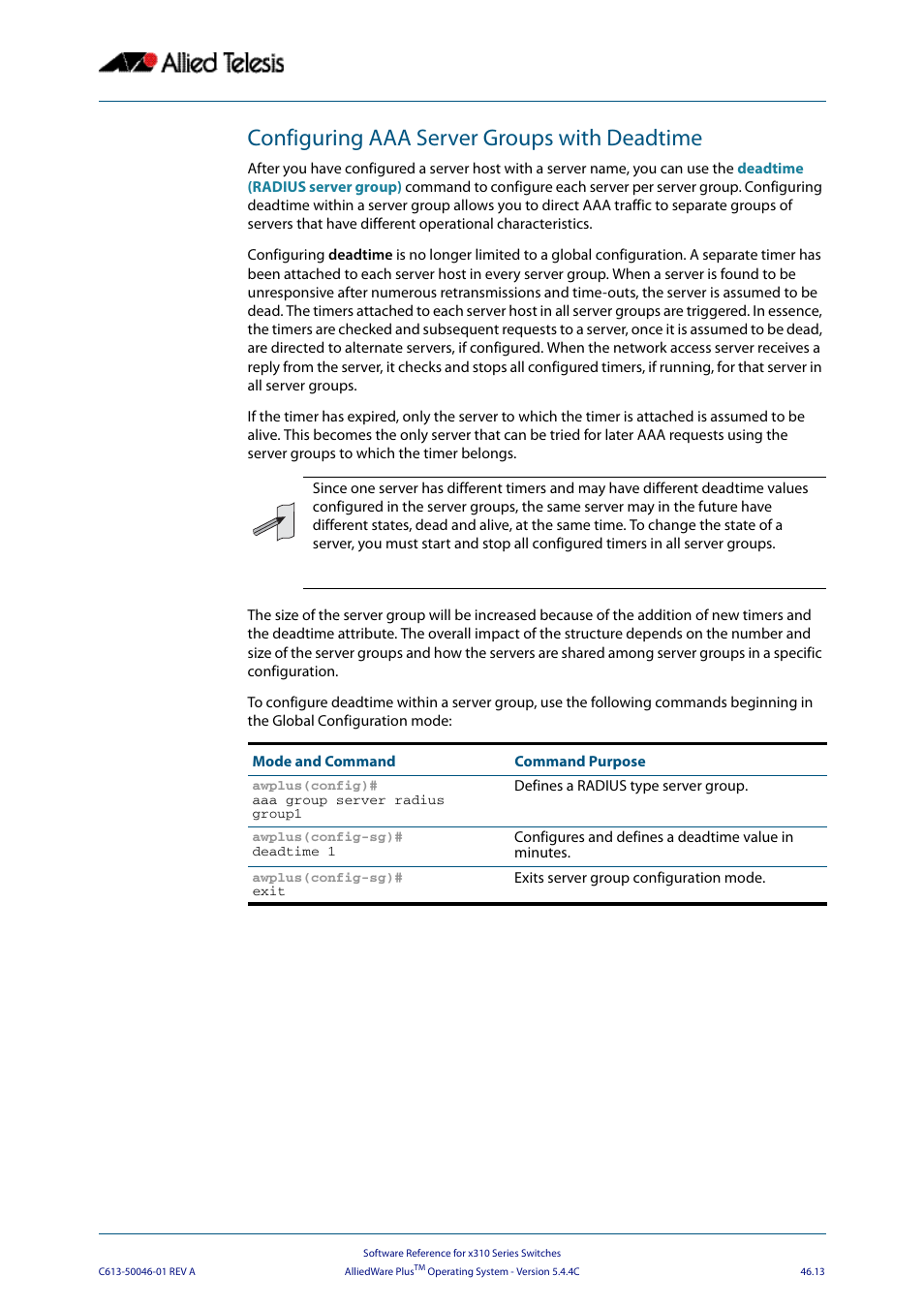 Configuring aaa server groups with deadtime | Allied Telesis AlliedWare Plus Operating System Version 5.4.4C (x310-26FT,x310-26FP,x310-50FT,x310-50FP) User Manual | Page 1263 / 2220