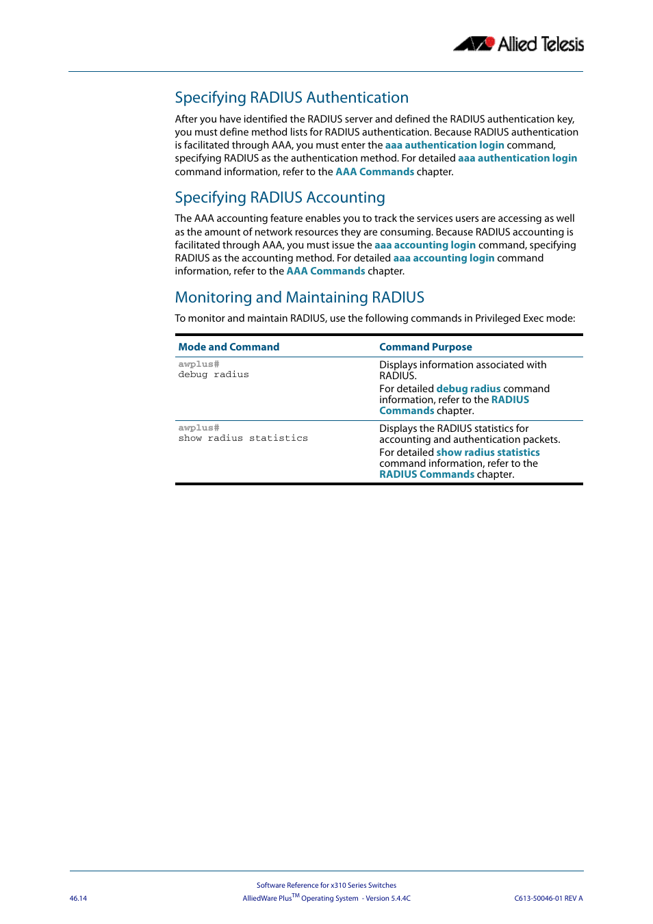 Specifying radius authentication, Specifying radius accounting, Monitoring and maintaining radius | Allied Telesis AlliedWare Plus Operating System Version 5.4.4C (x310-26FT,x310-26FP,x310-50FT,x310-50FP) User Manual | Page 1264 / 2220