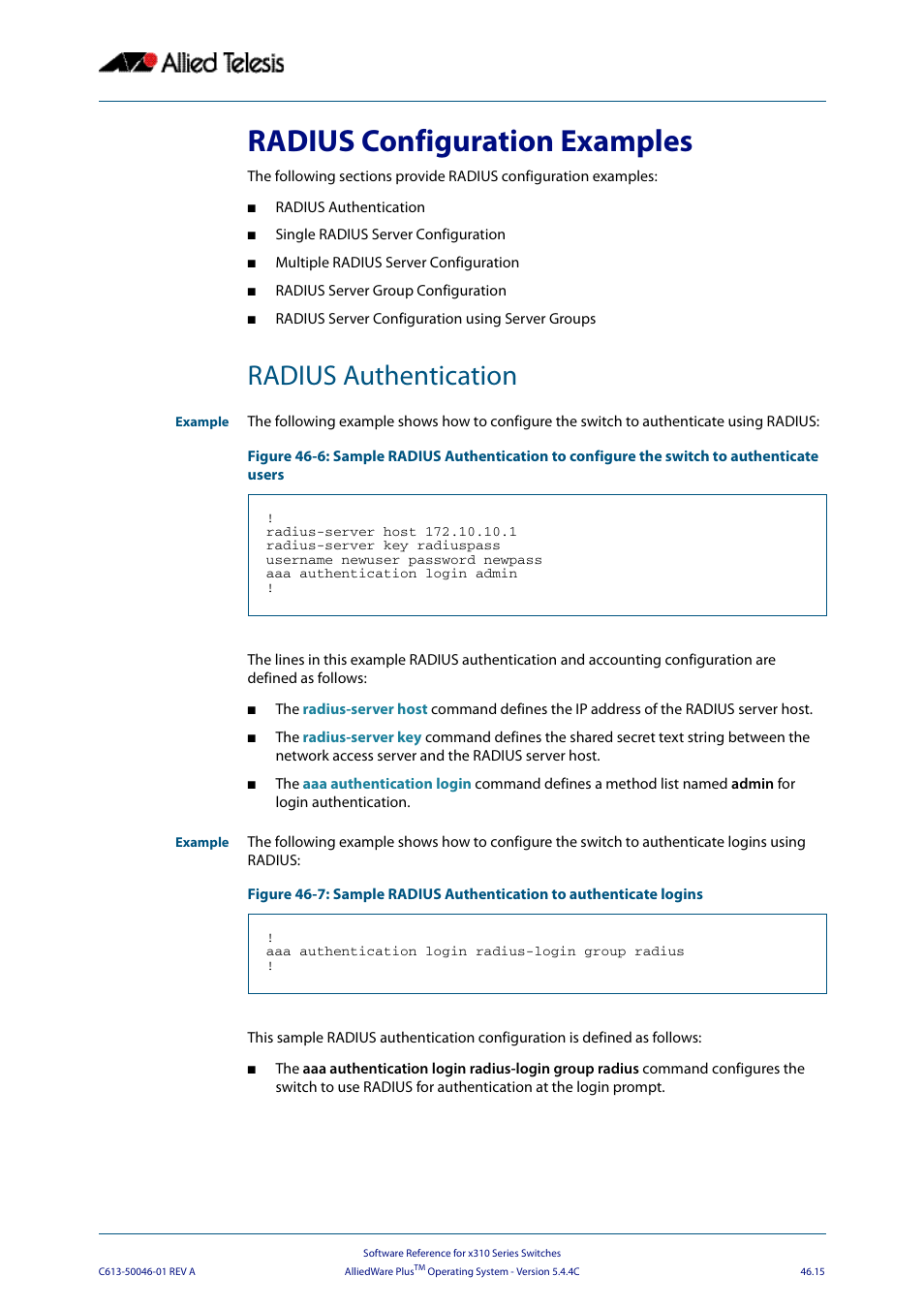 Radius configuration examples, Radius authentication, At th | Allied Telesis AlliedWare Plus Operating System Version 5.4.4C (x310-26FT,x310-26FP,x310-50FT,x310-50FP) User Manual | Page 1265 / 2220