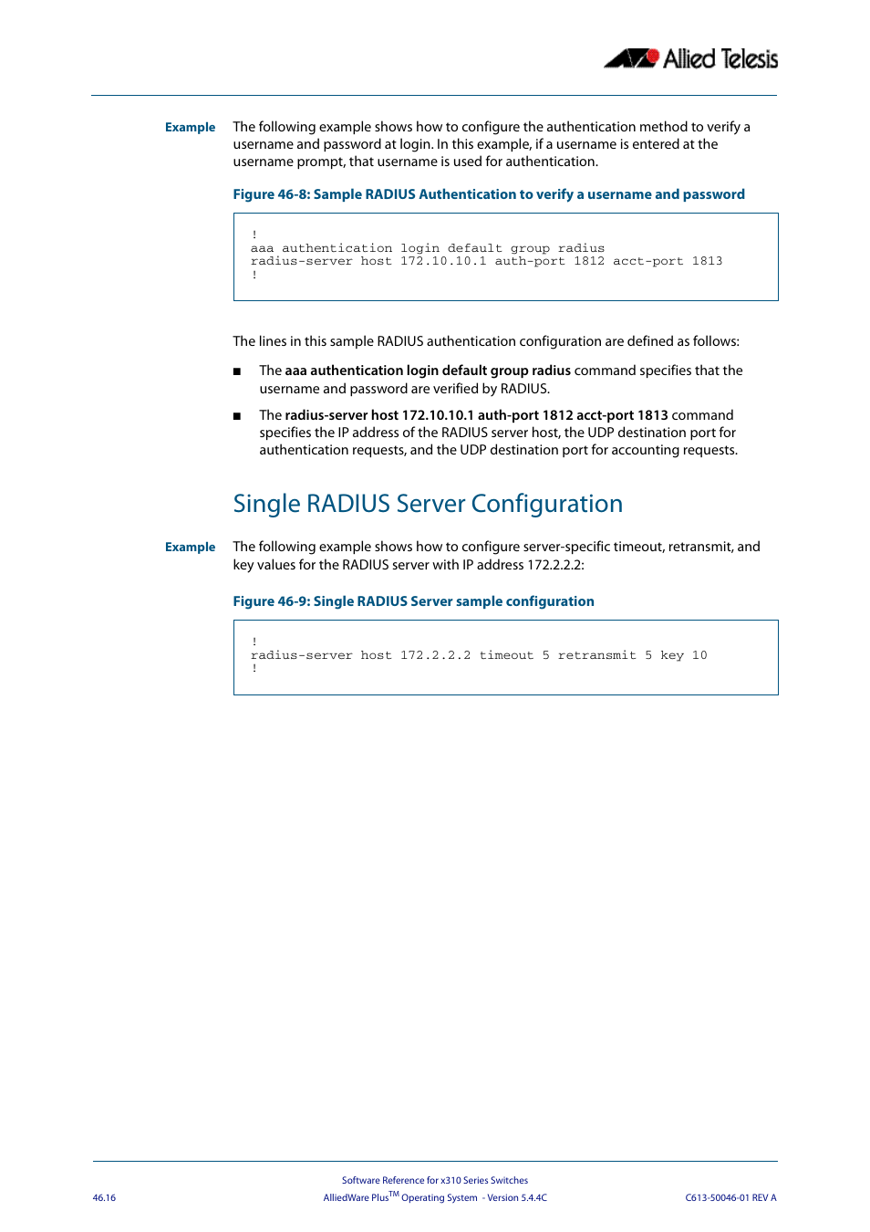 Single radius server configuration | Allied Telesis AlliedWare Plus Operating System Version 5.4.4C (x310-26FT,x310-26FP,x310-50FT,x310-50FP) User Manual | Page 1266 / 2220