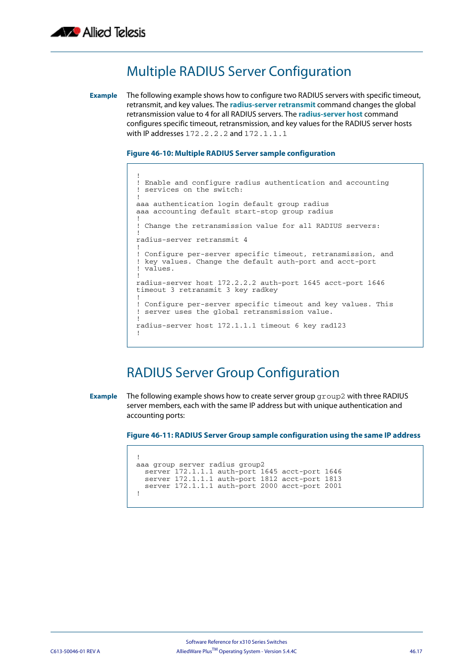 Multiple radius server configuration, Radius server group configuration | Allied Telesis AlliedWare Plus Operating System Version 5.4.4C (x310-26FT,x310-26FP,x310-50FT,x310-50FP) User Manual | Page 1267 / 2220