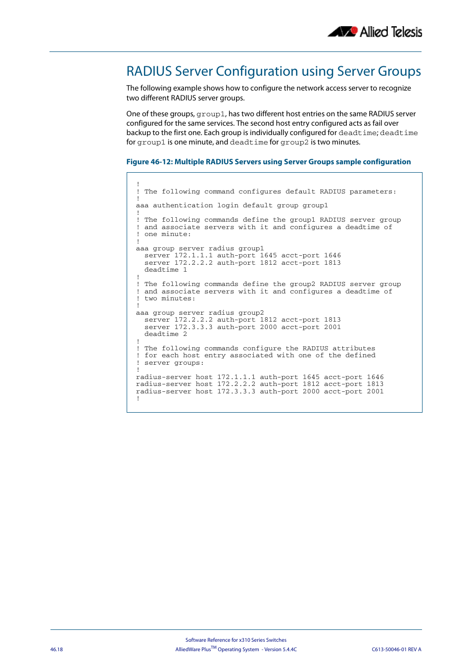 Radius server configuration using server groups | Allied Telesis AlliedWare Plus Operating System Version 5.4.4C (x310-26FT,x310-26FP,x310-50FT,x310-50FP) User Manual | Page 1268 / 2220