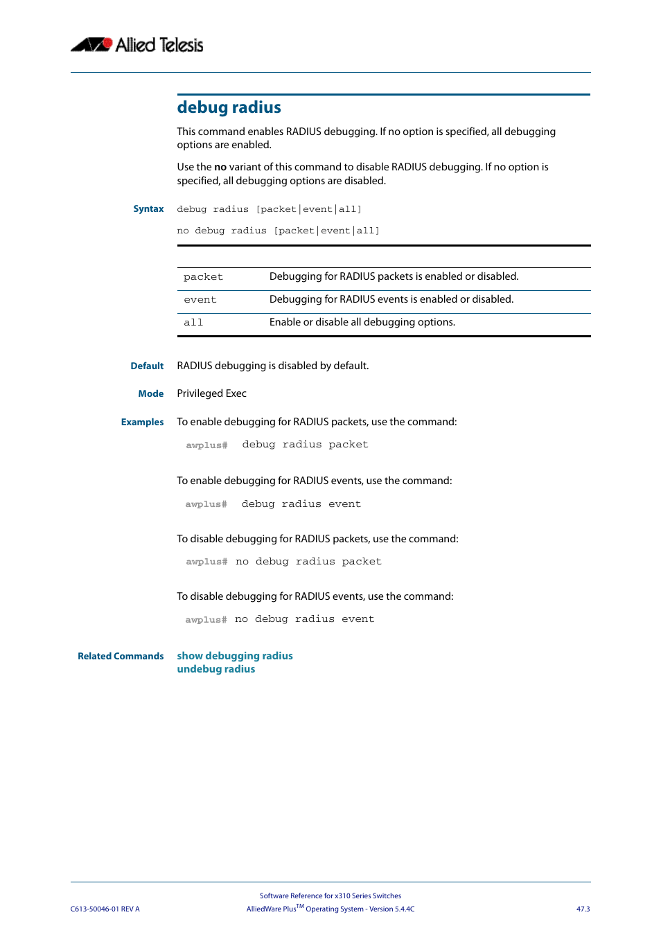 Debug radius | Allied Telesis AlliedWare Plus Operating System Version 5.4.4C (x310-26FT,x310-26FP,x310-50FT,x310-50FP) User Manual | Page 1271 / 2220