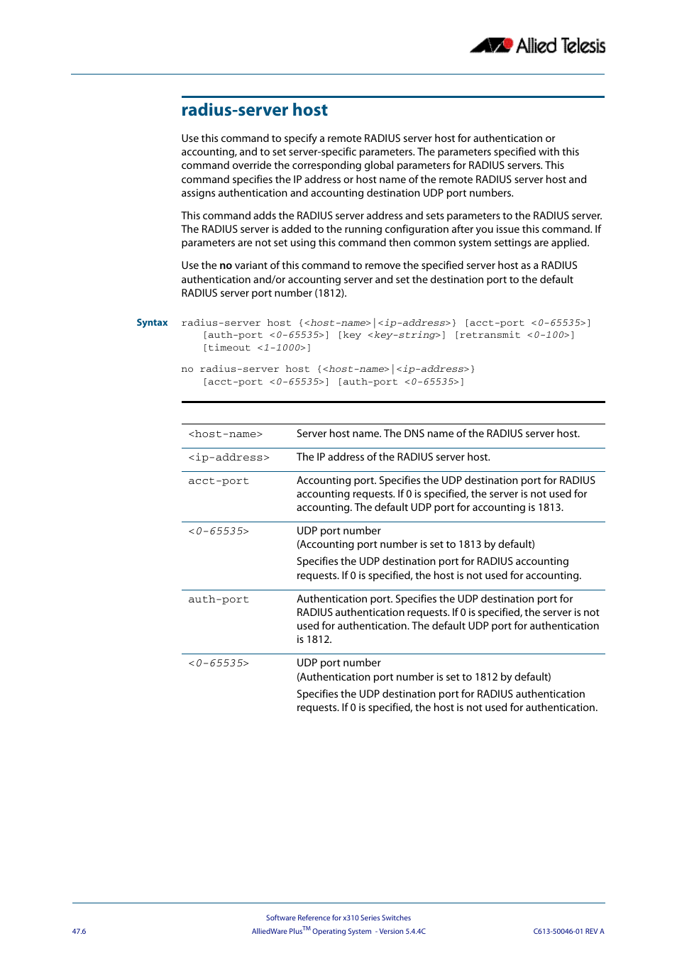 Radius-server host, Mmand, As so | The command, Radius-server host com, Radius-server, Command | Allied Telesis AlliedWare Plus Operating System Version 5.4.4C (x310-26FT,x310-26FP,x310-50FT,x310-50FP) User Manual | Page 1274 / 2220