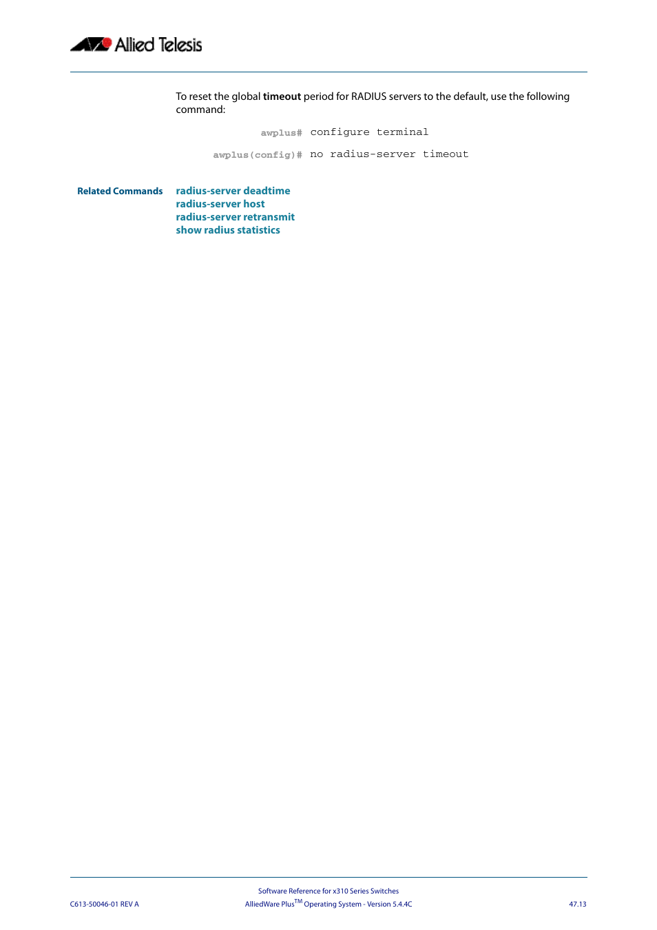 Allied Telesis AlliedWare Plus Operating System Version 5.4.4C (x310-26FT,x310-26FP,x310-50FT,x310-50FP) User Manual | Page 1281 / 2220