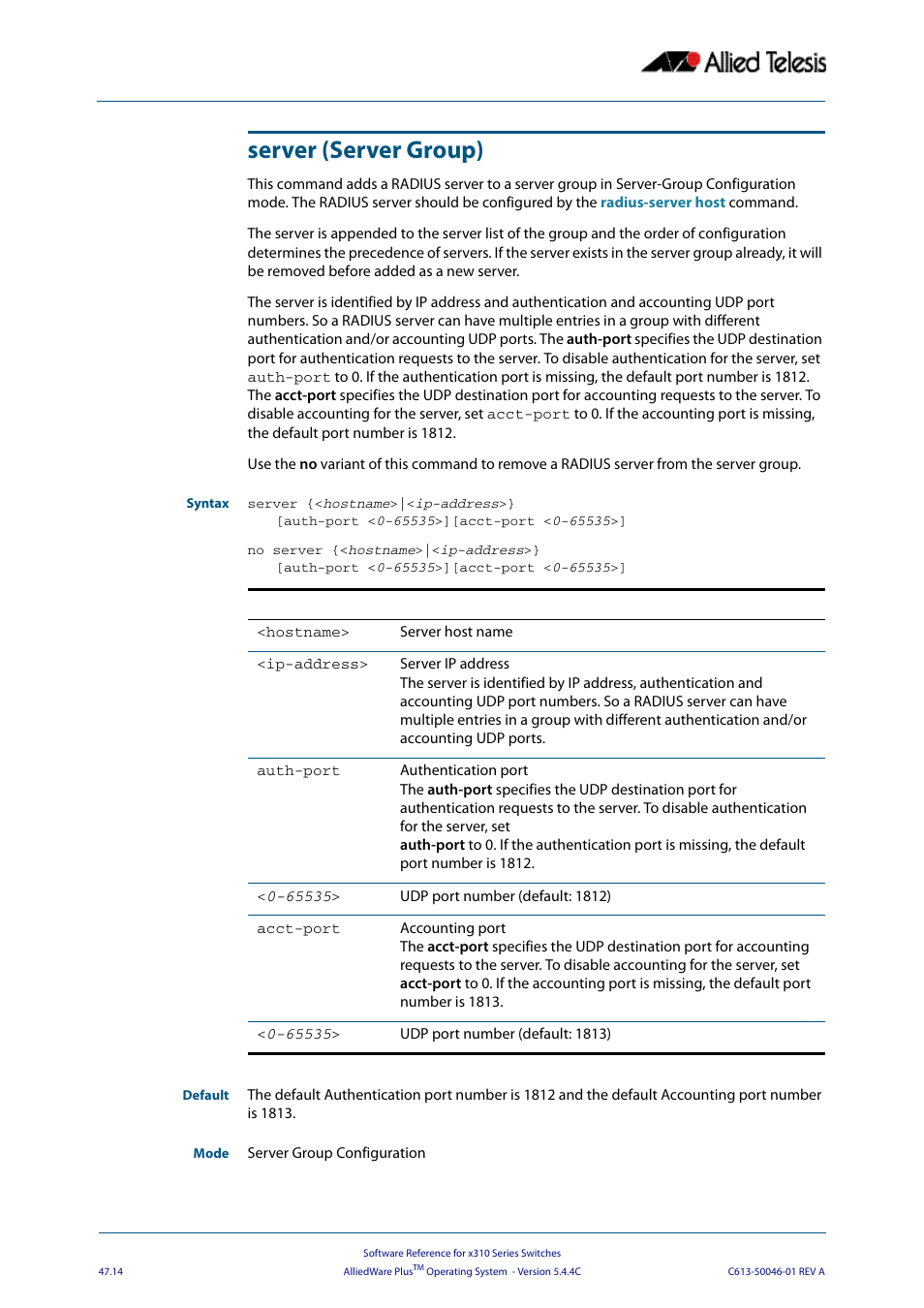 Server (server group) | Allied Telesis AlliedWare Plus Operating System Version 5.4.4C (x310-26FT,x310-26FP,x310-50FT,x310-50FP) User Manual | Page 1282 / 2220