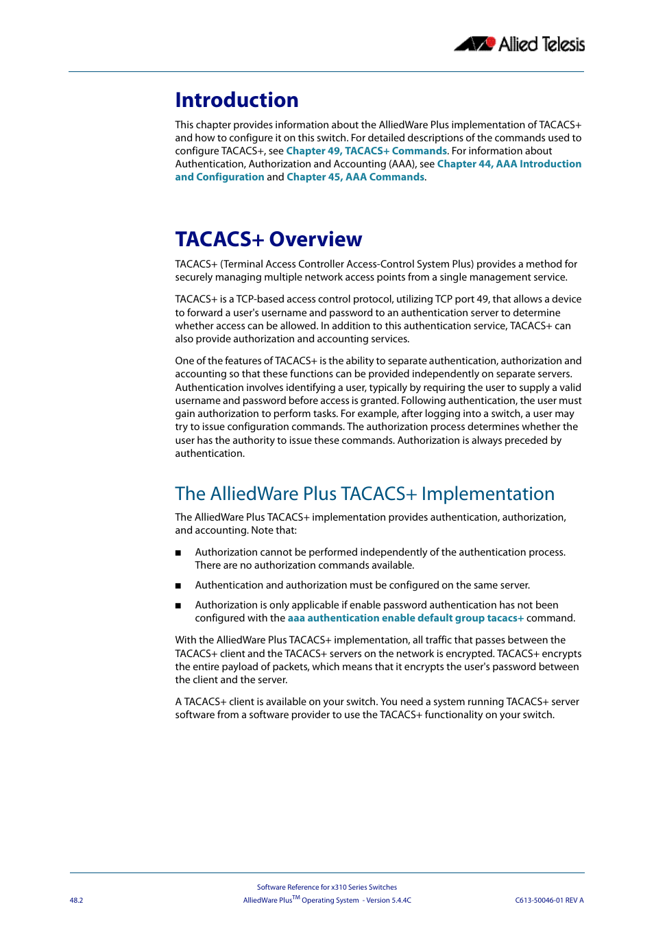 Introduction, Tacacs+ overview, The alliedware plus tacacs+ implementation | Introduction tacacs+ overview | Allied Telesis AlliedWare Plus Operating System Version 5.4.4C (x310-26FT,x310-26FP,x310-50FT,x310-50FP) User Manual | Page 1290 / 2220