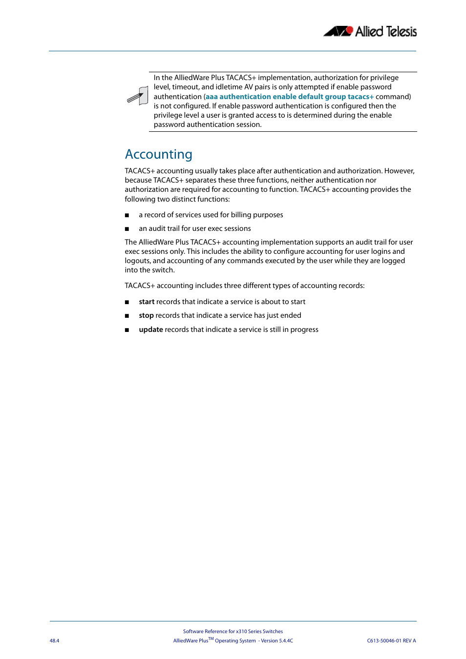 Accounting | Allied Telesis AlliedWare Plus Operating System Version 5.4.4C (x310-26FT,x310-26FP,x310-50FT,x310-50FP) User Manual | Page 1292 / 2220
