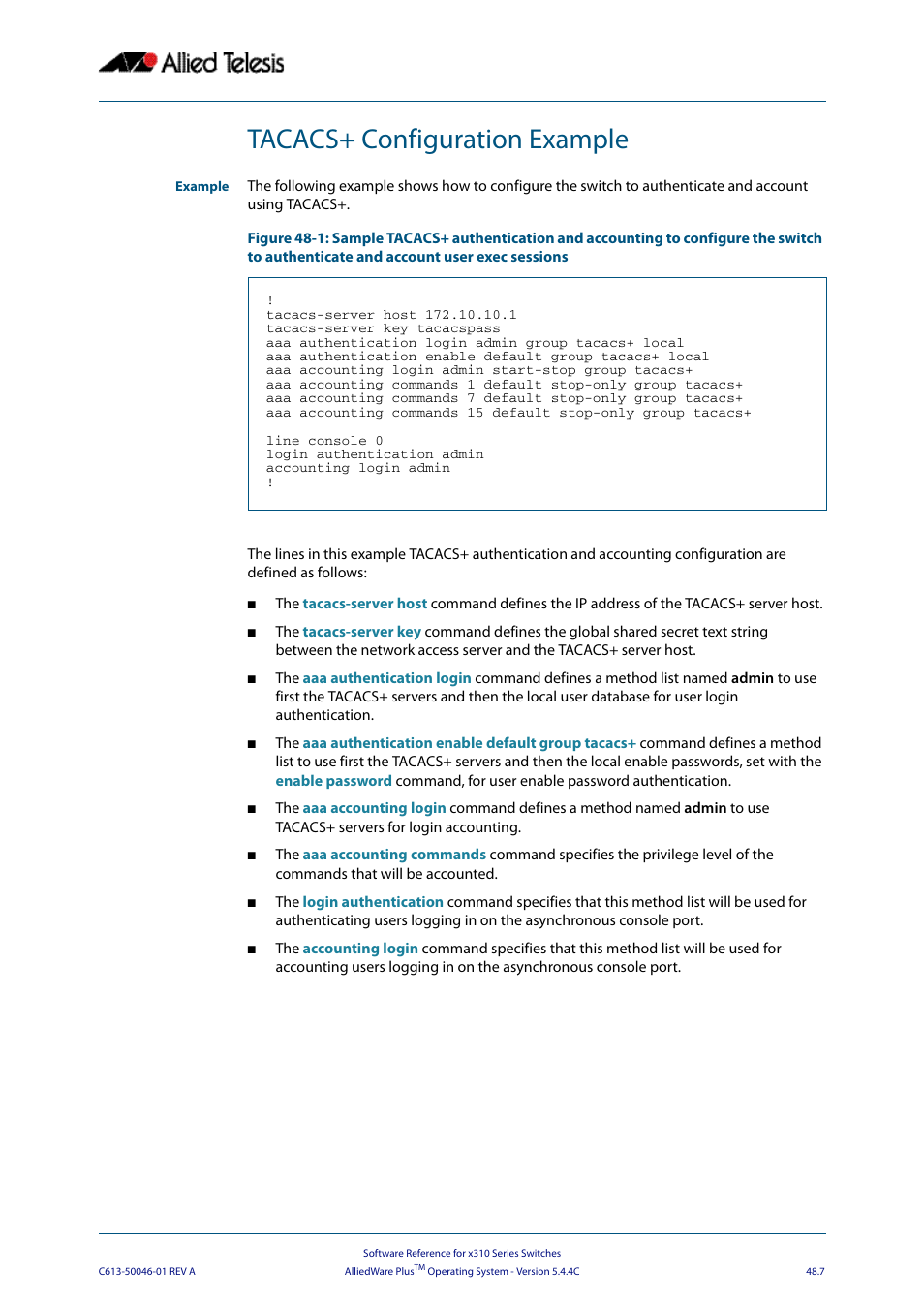 Tacacs+ configuration example | Allied Telesis AlliedWare Plus Operating System Version 5.4.4C (x310-26FT,x310-26FP,x310-50FT,x310-50FP) User Manual | Page 1295 / 2220