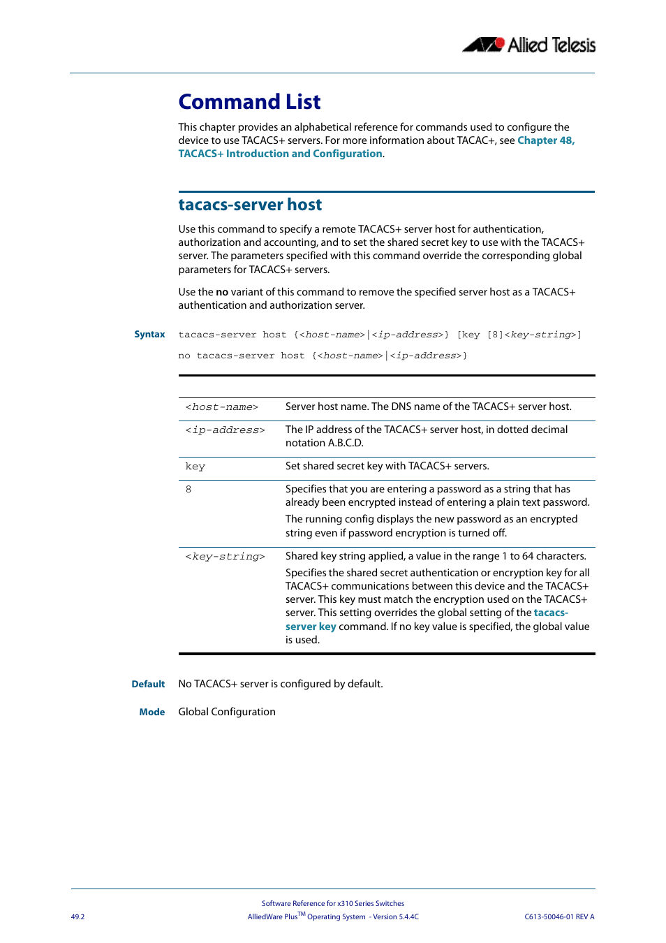 Command list, Tacacs-server host, Tacacs-server | Host, Command, Command def, Command list tacacs-server host | Allied Telesis AlliedWare Plus Operating System Version 5.4.4C (x310-26FT,x310-26FP,x310-50FT,x310-50FP) User Manual | Page 1298 / 2220