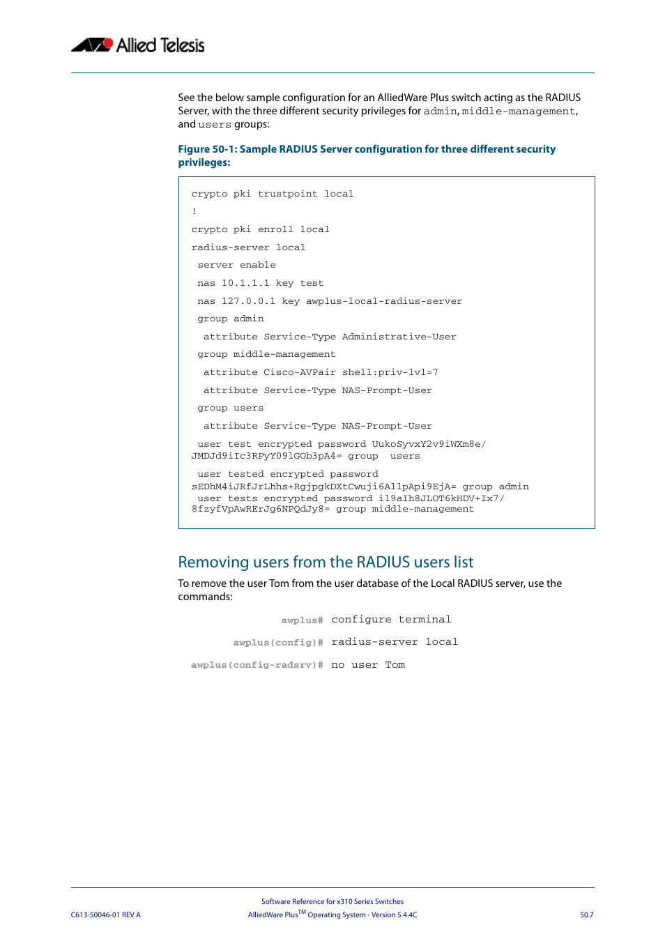 Removing users from the radius users list | Allied Telesis AlliedWare Plus Operating System Version 5.4.4C (x310-26FT,x310-26FP,x310-50FT,x310-50FP) User Manual | Page 1309 / 2220