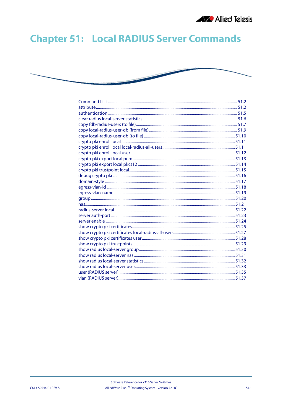 Chapter 51: local radius server commands, Chapter 51, Local radius server commands | Chapter 51 local radius server commands, Mmands in, Mmand in, Chapter 51, local radius server, Commands | Allied Telesis AlliedWare Plus Operating System Version 5.4.4C (x310-26FT,x310-26FP,x310-50FT,x310-50FP) User Manual | Page 1329 / 2220