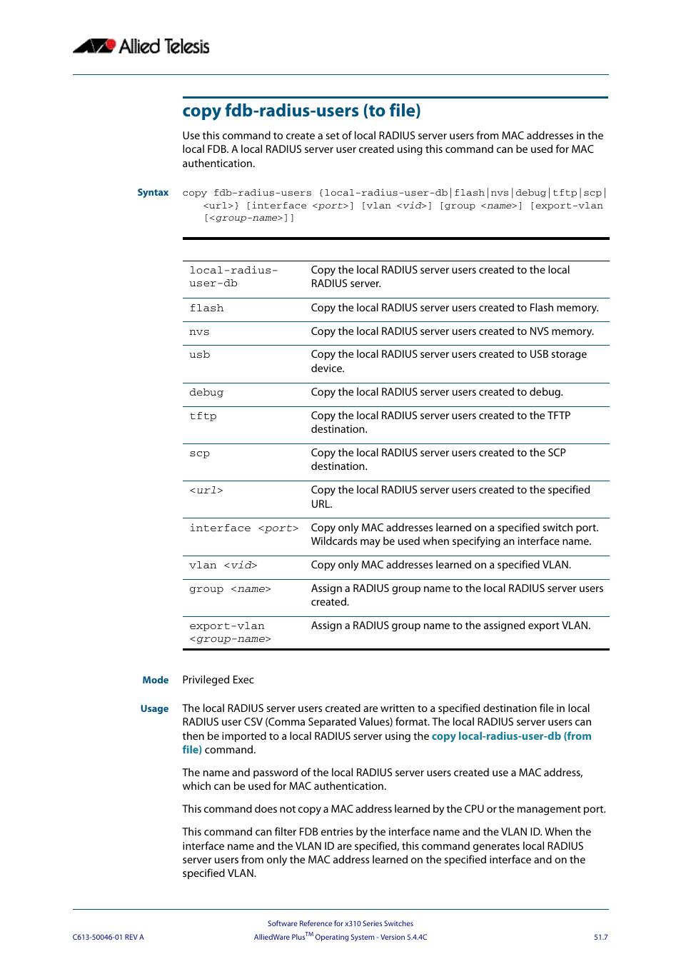 Copy fdb-radius-users (to file) | Allied Telesis AlliedWare Plus Operating System Version 5.4.4C (x310-26FT,x310-26FP,x310-50FT,x310-50FP) User Manual | Page 1335 / 2220