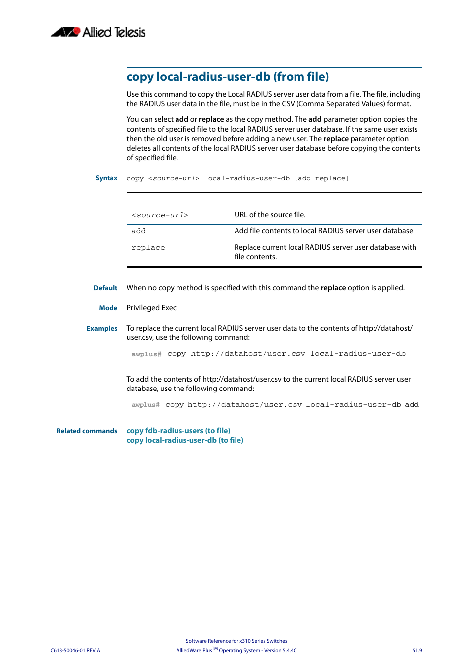 Copy local-radius-user-db (from file), Copy local-radius-user-db (from, File) | Allied Telesis AlliedWare Plus Operating System Version 5.4.4C (x310-26FT,x310-26FP,x310-50FT,x310-50FP) User Manual | Page 1337 / 2220