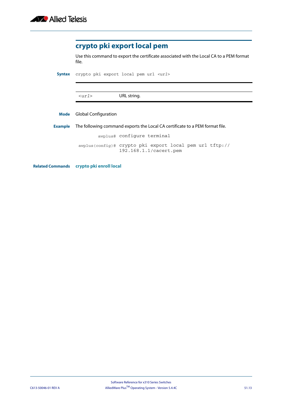 Crypto pki export local pem | Allied Telesis AlliedWare Plus Operating System Version 5.4.4C (x310-26FT,x310-26FP,x310-50FT,x310-50FP) User Manual | Page 1341 / 2220