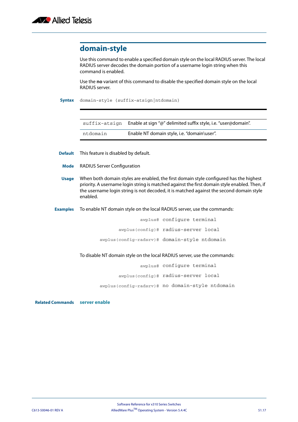 Domain-style | Allied Telesis AlliedWare Plus Operating System Version 5.4.4C (x310-26FT,x310-26FP,x310-50FT,x310-50FP) User Manual | Page 1345 / 2220