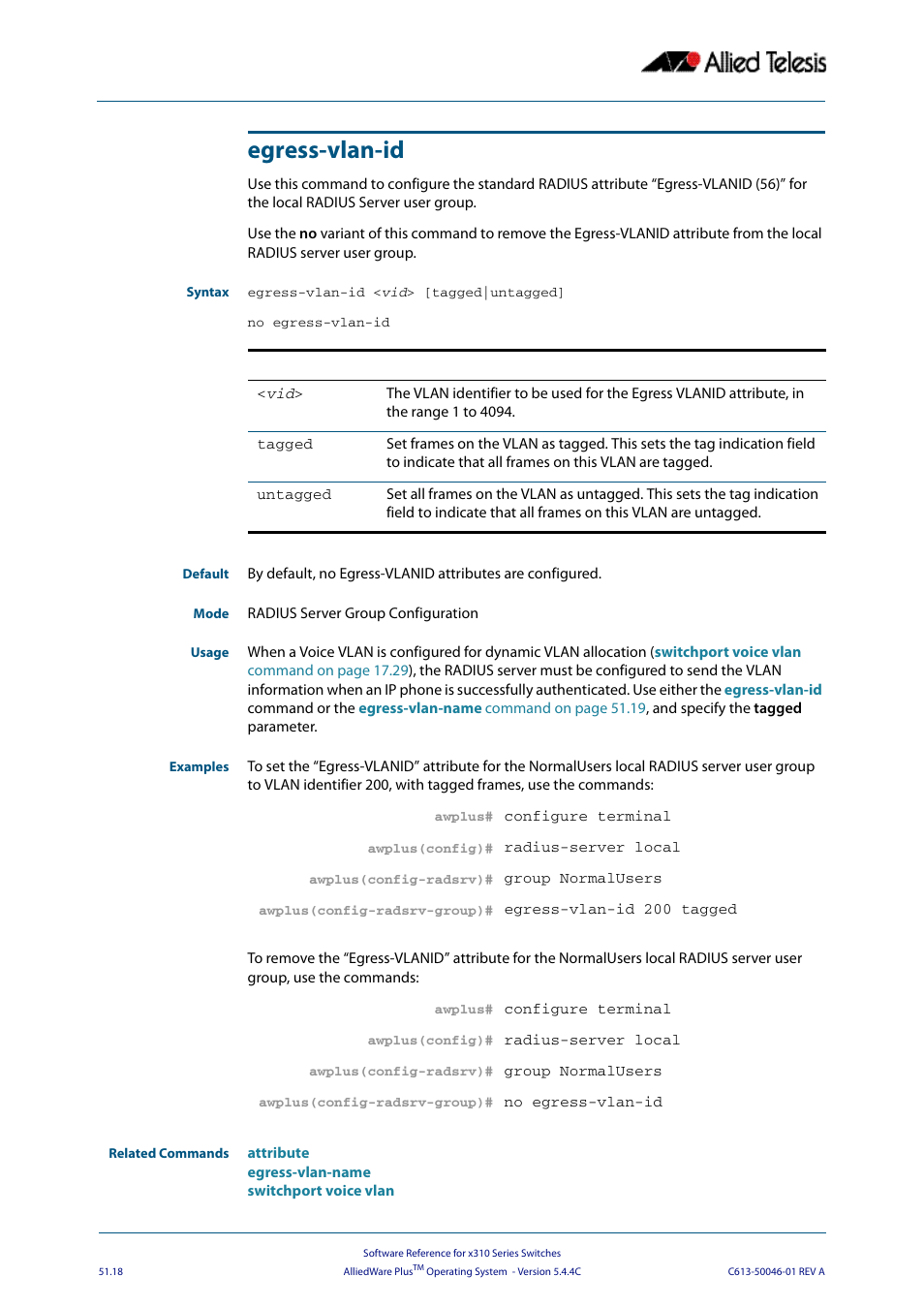 Egress-vlan-id, Egress-vlan-id command on | Allied Telesis AlliedWare Plus Operating System Version 5.4.4C (x310-26FT,x310-26FP,x310-50FT,x310-50FP) User Manual | Page 1346 / 2220