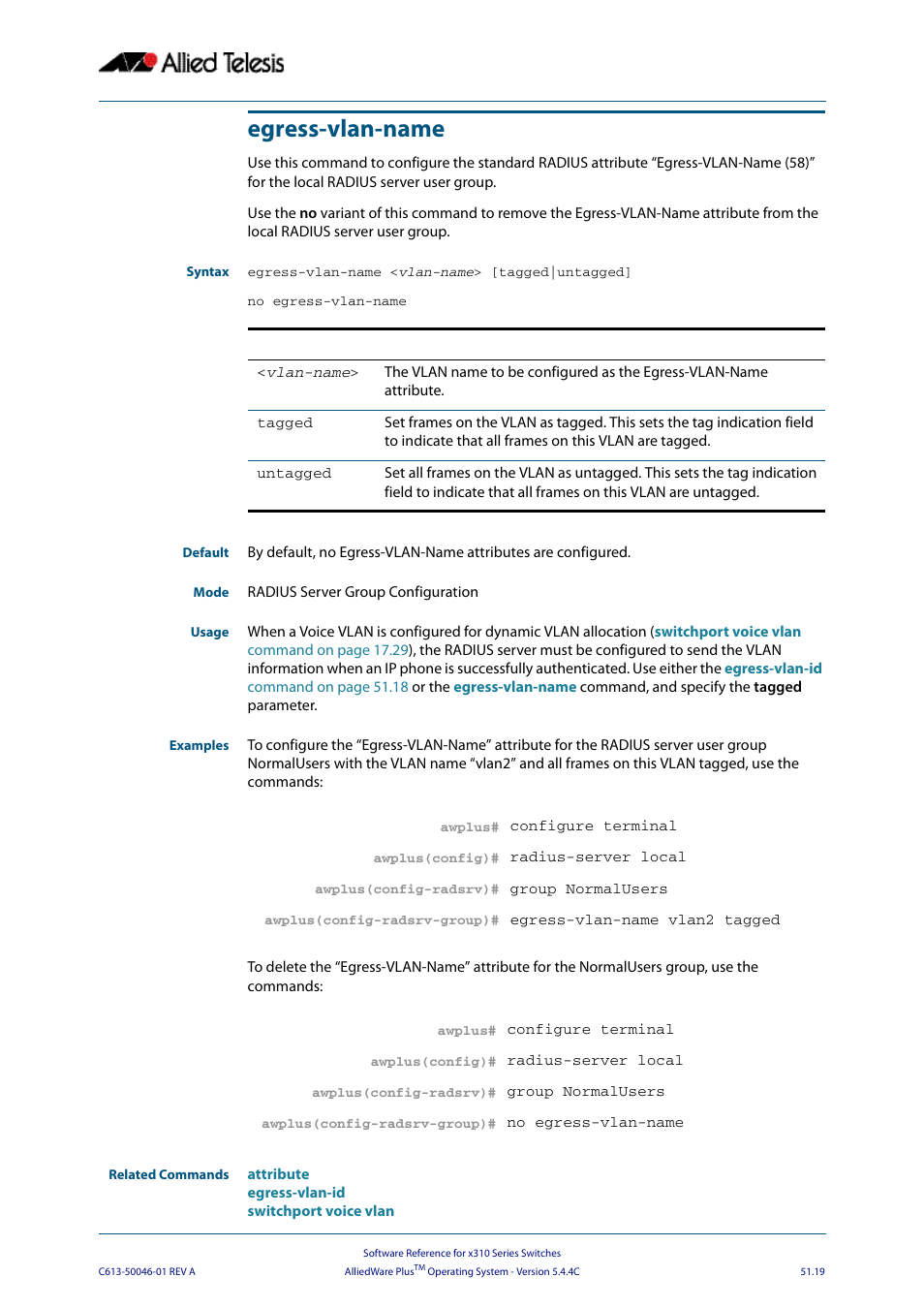 Egress-vlan-name | Allied Telesis AlliedWare Plus Operating System Version 5.4.4C (x310-26FT,x310-26FP,x310-50FT,x310-50FP) User Manual | Page 1347 / 2220