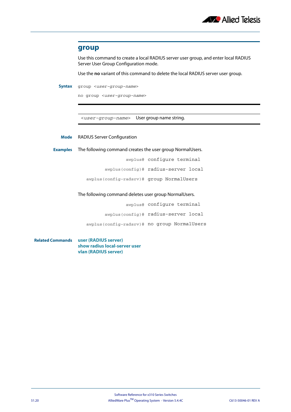 Group | Allied Telesis AlliedWare Plus Operating System Version 5.4.4C (x310-26FT,x310-26FP,x310-50FT,x310-50FP) User Manual | Page 1348 / 2220