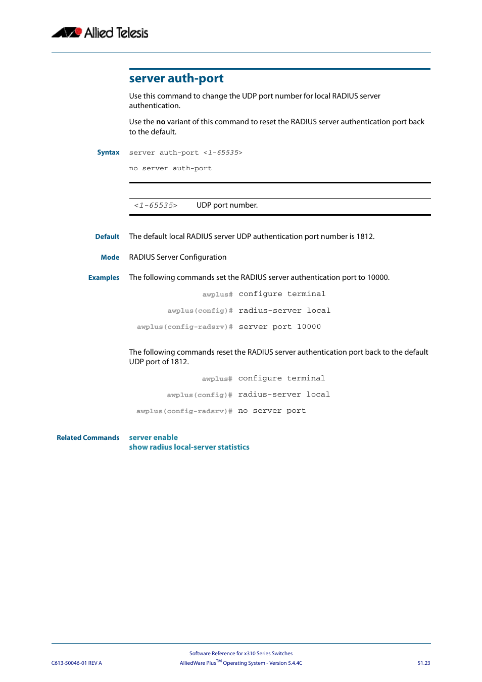 Server auth-port | Allied Telesis AlliedWare Plus Operating System Version 5.4.4C (x310-26FT,x310-26FP,x310-50FT,x310-50FP) User Manual | Page 1351 / 2220