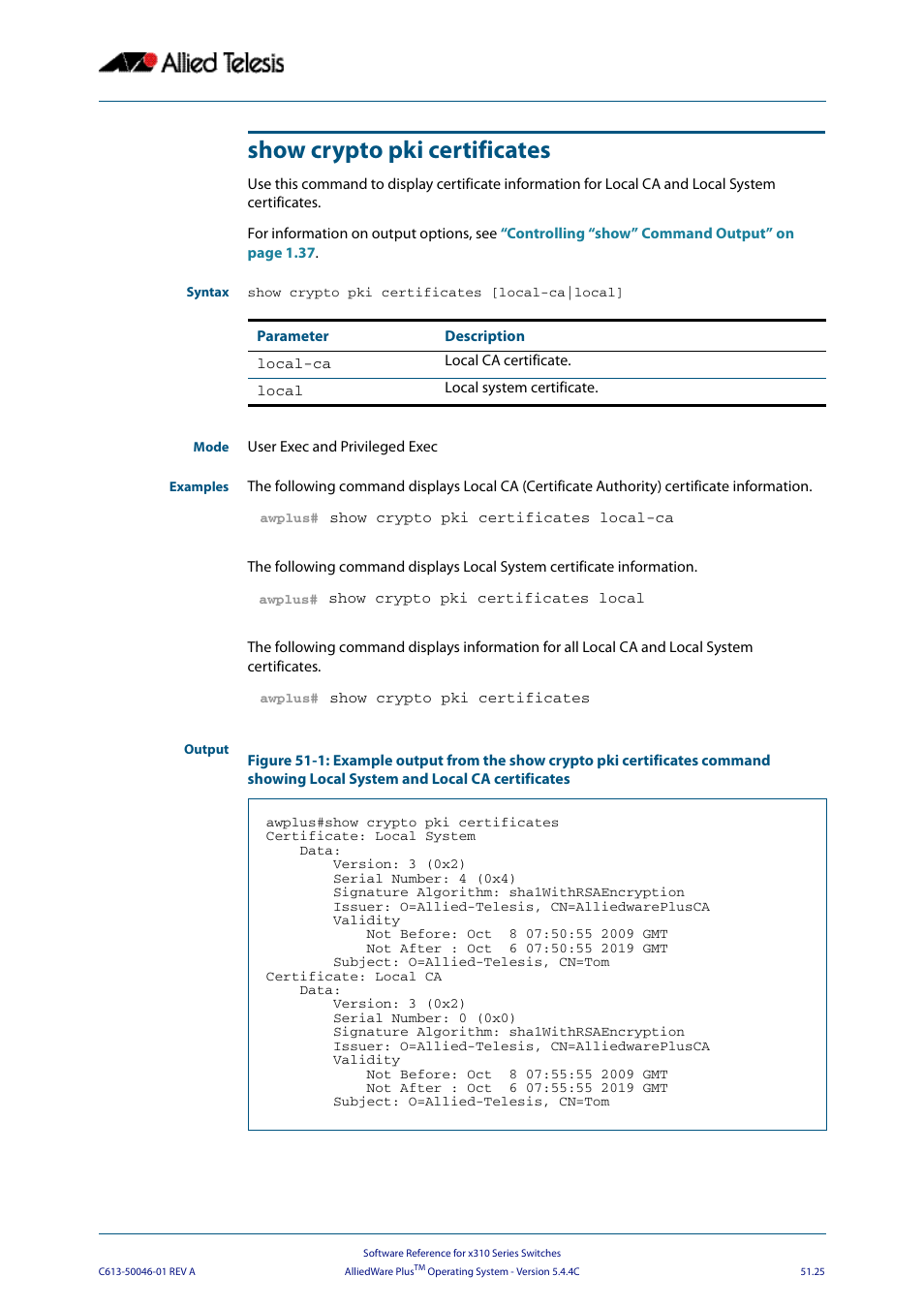 Show crypto pki certificates | Allied Telesis AlliedWare Plus Operating System Version 5.4.4C (x310-26FT,x310-26FP,x310-50FT,x310-50FP) User Manual | Page 1353 / 2220